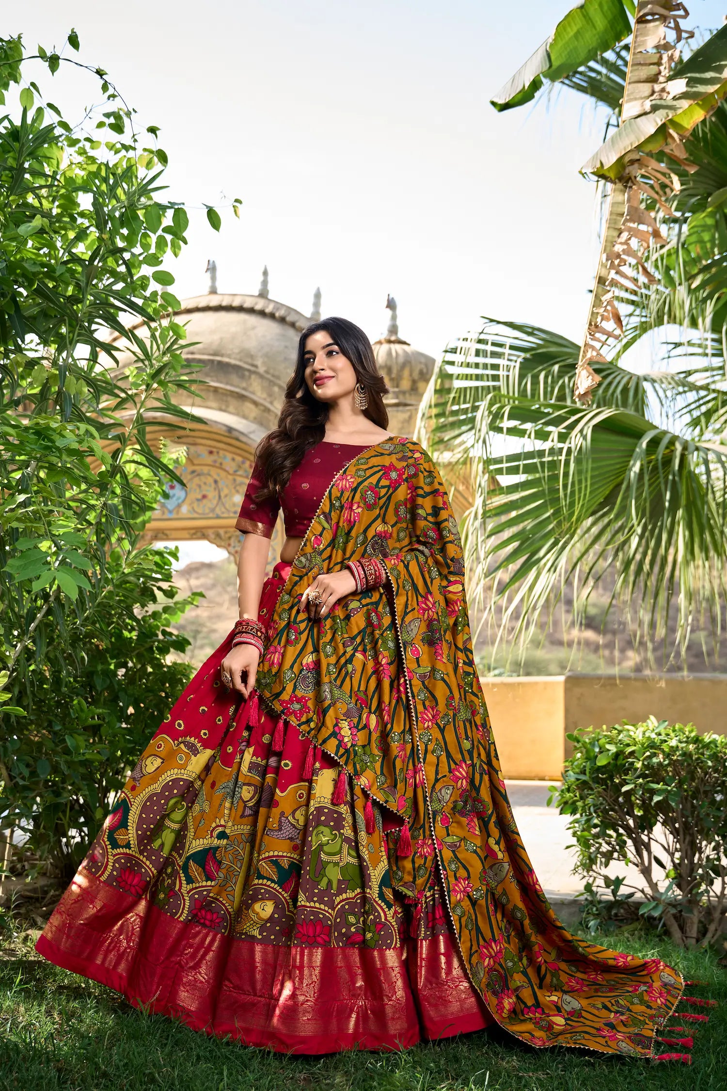 Red Tussar Silk Kalamkari Printed Lehenga Choli | Ready To Wear - qivii
