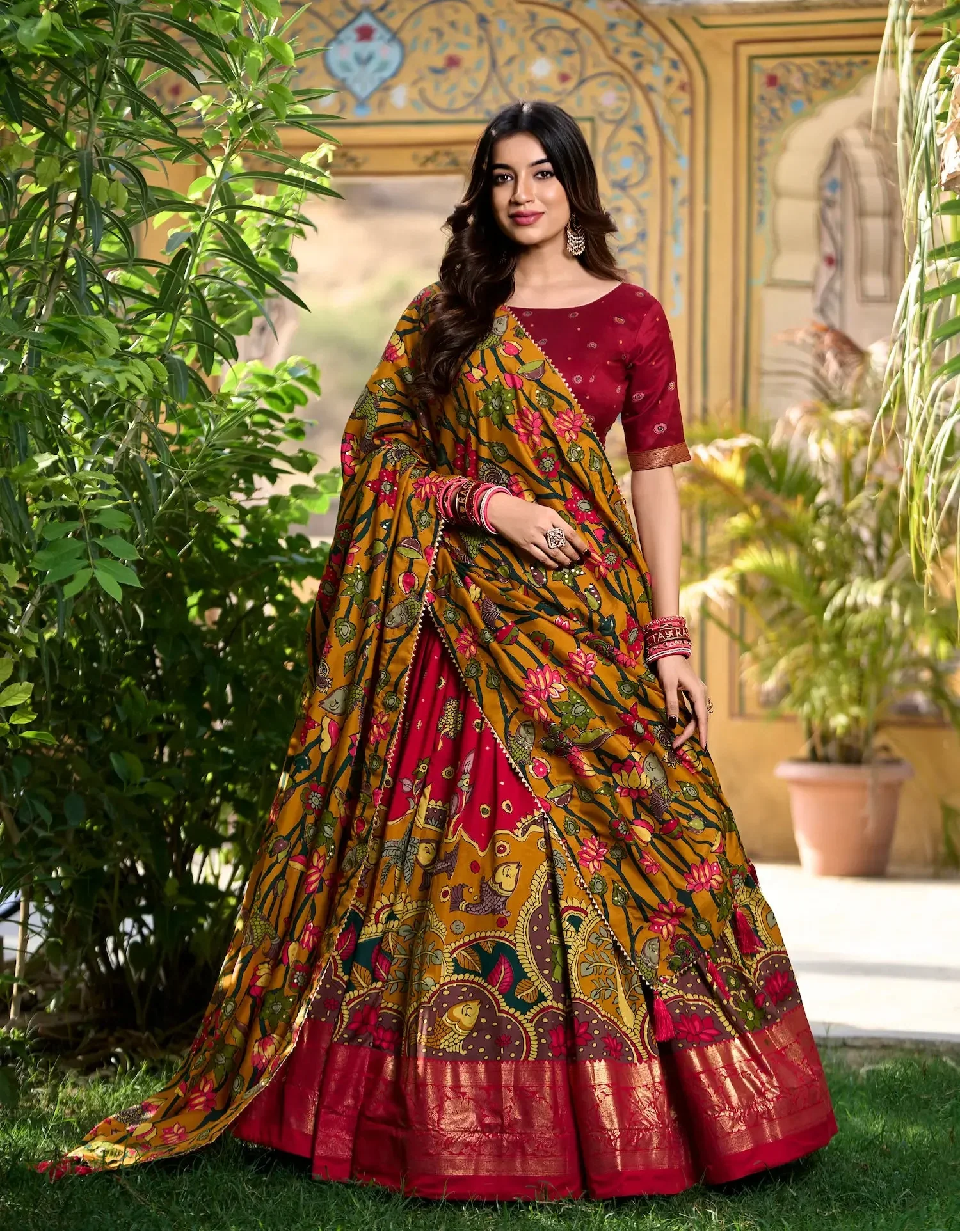 Red Tussar Silk Kalamkari Printed Lehenga Choli | Ready To Wear - qivii