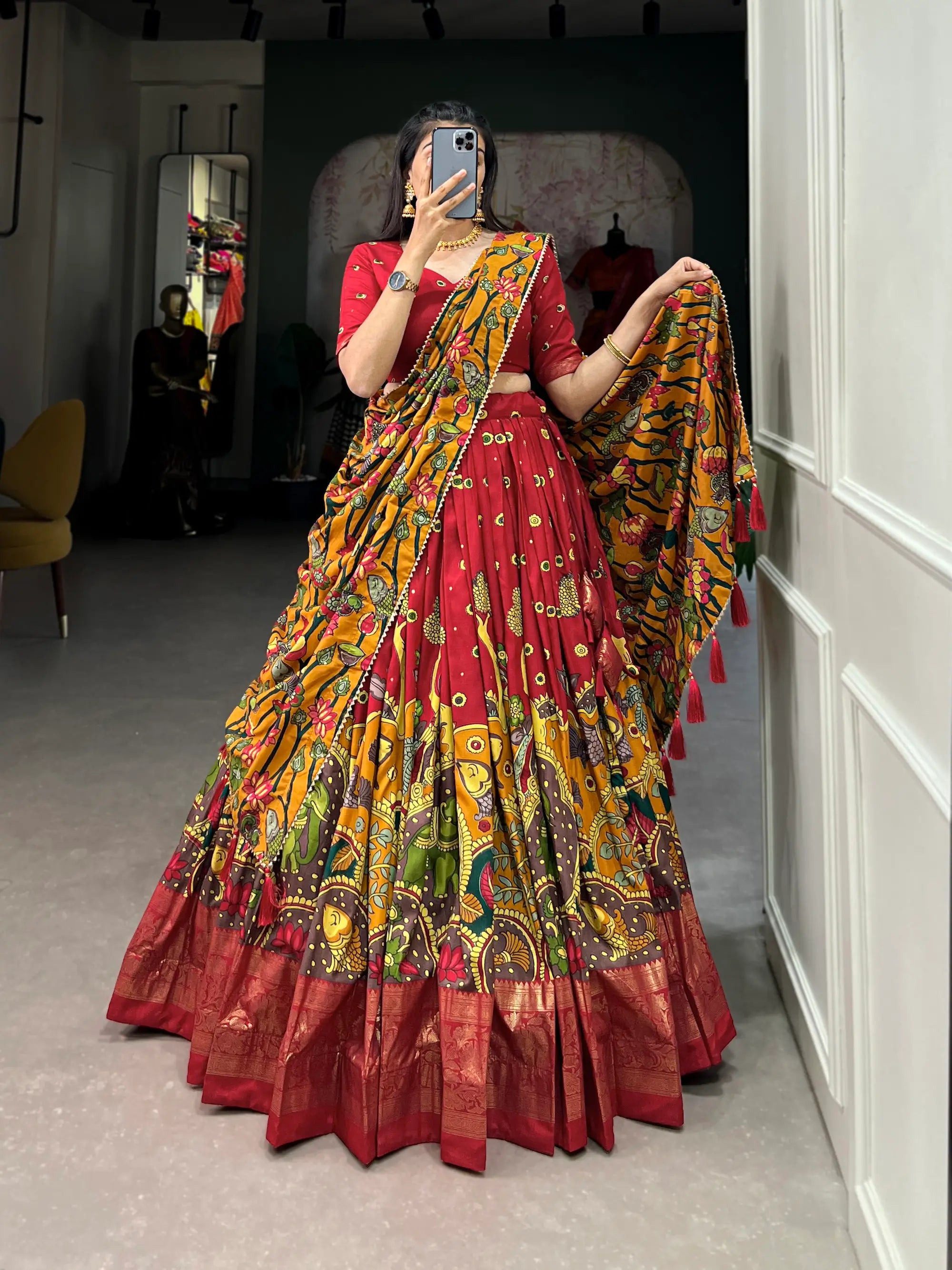 Red Tussar Silk Kalamkari Printed Lehenga Choli | Ready To Wear - qivii