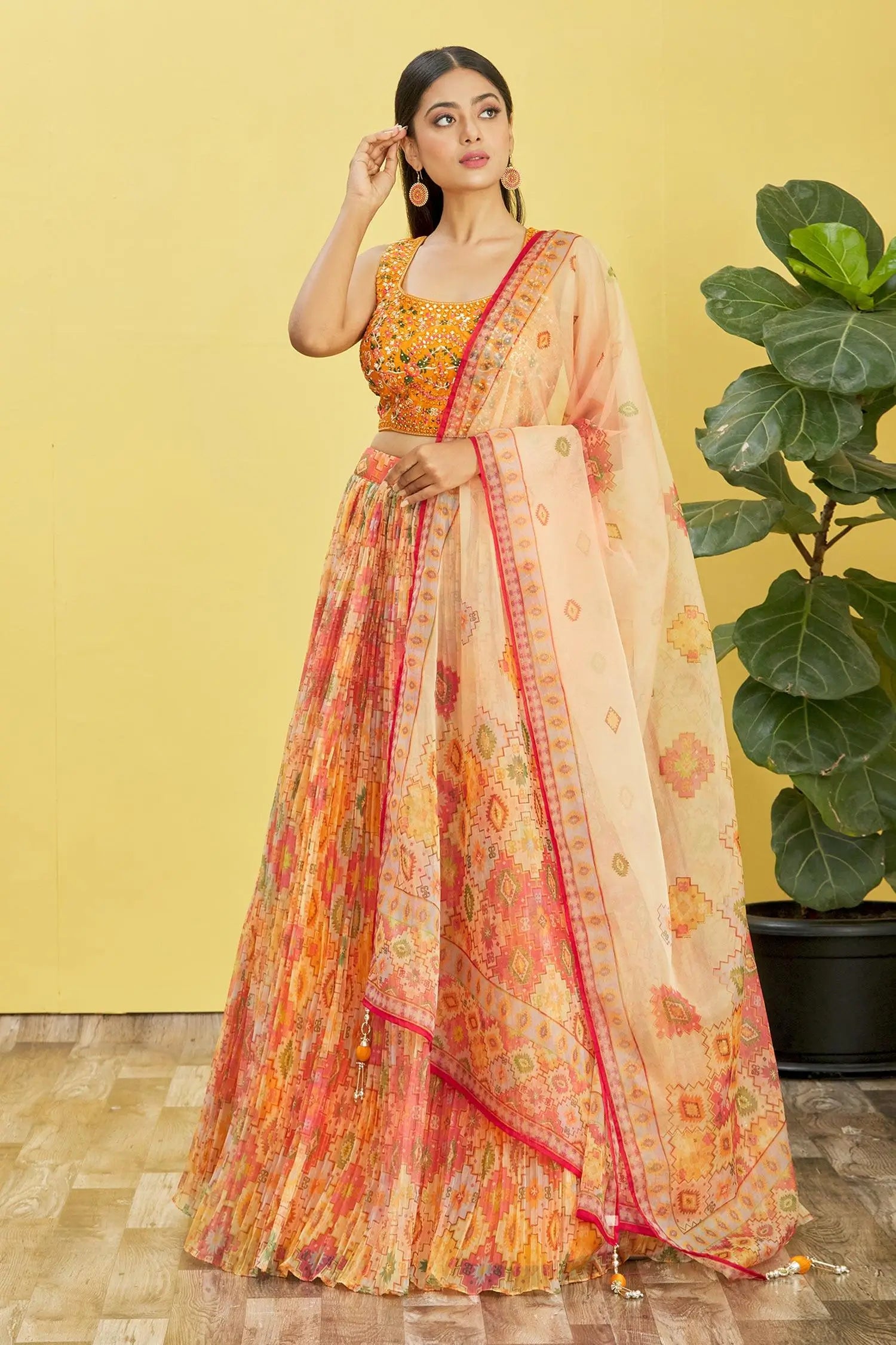 Yellow Lehenga With Digital Print And Sequins Embroidery With Real Mirror Work | Ready To Wear - qivii