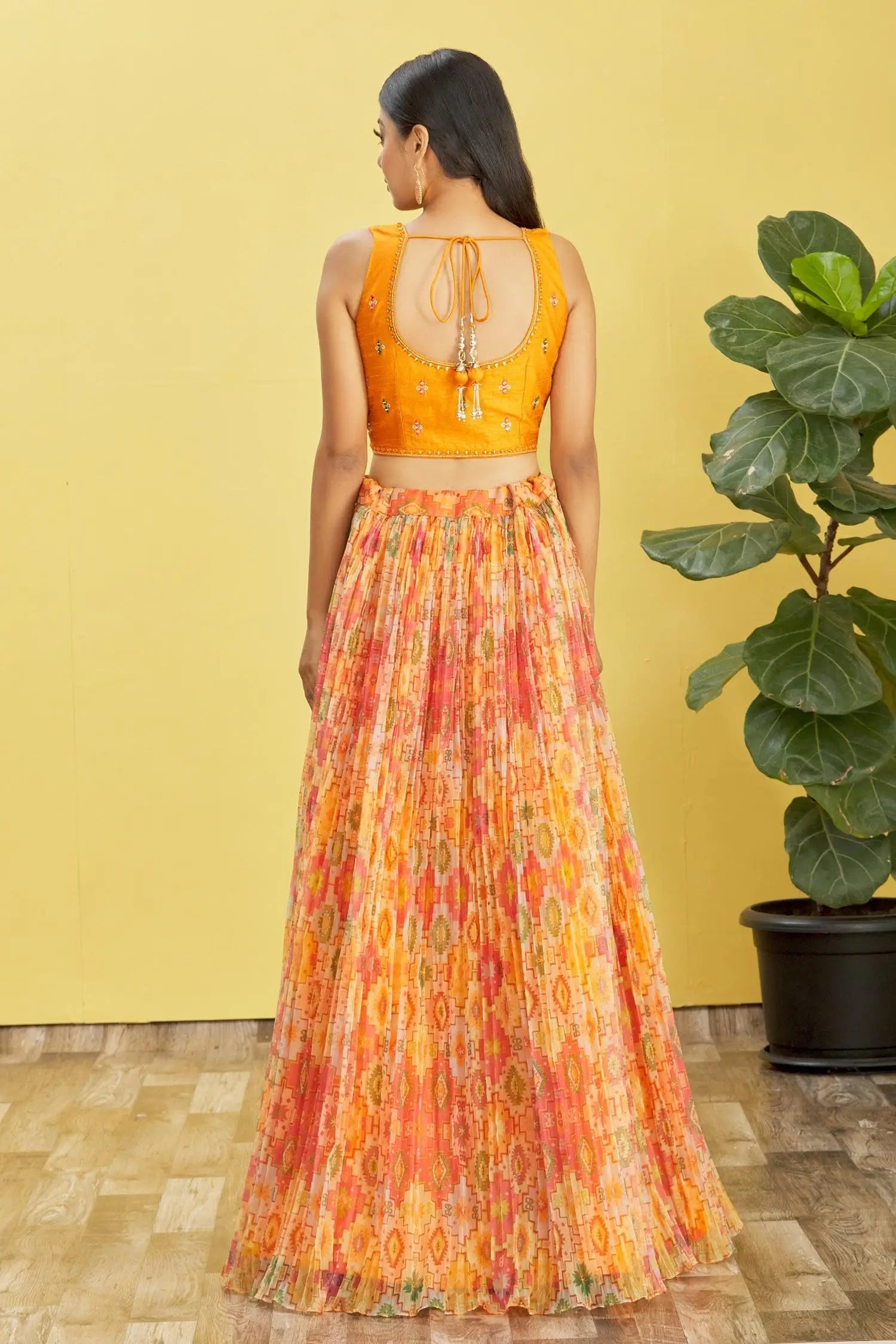 Yellow Lehenga With Digital Print And Sequins Embroidery With Real Mirror Work | Ready To Wear - qivii