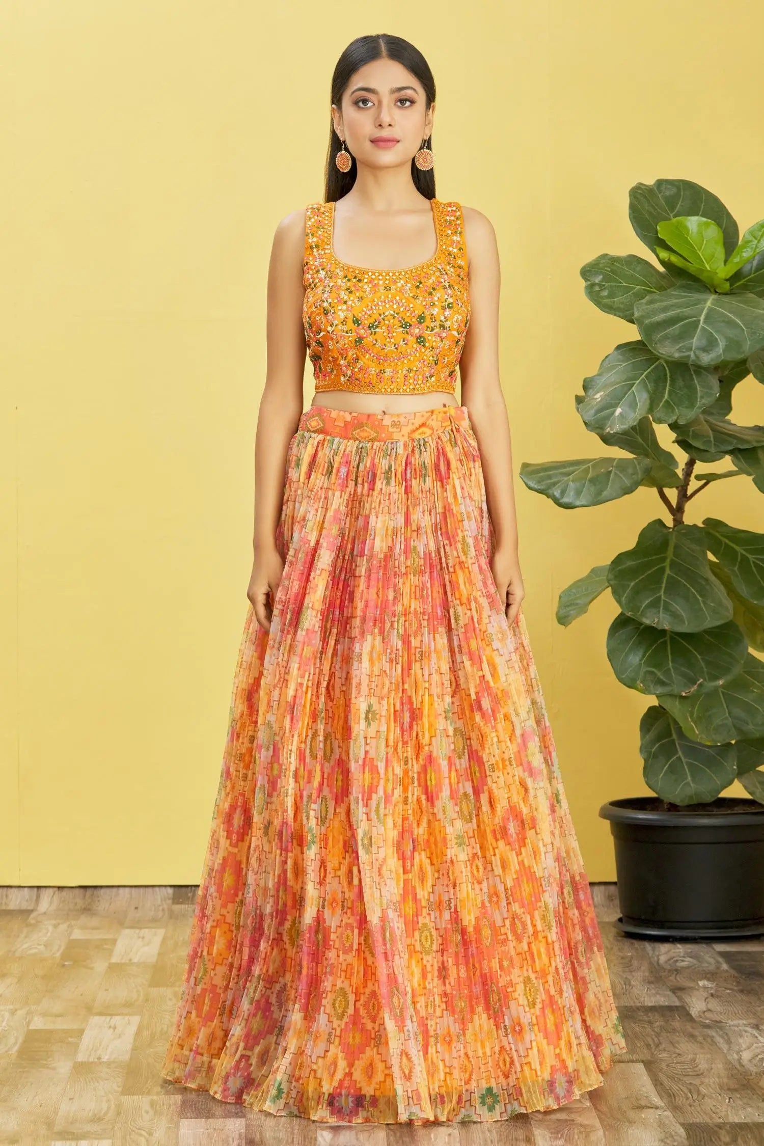 Yellow Lehenga With Digital Print And Sequins Embroidery With Real Mirror Work | Ready To Wear - qivii