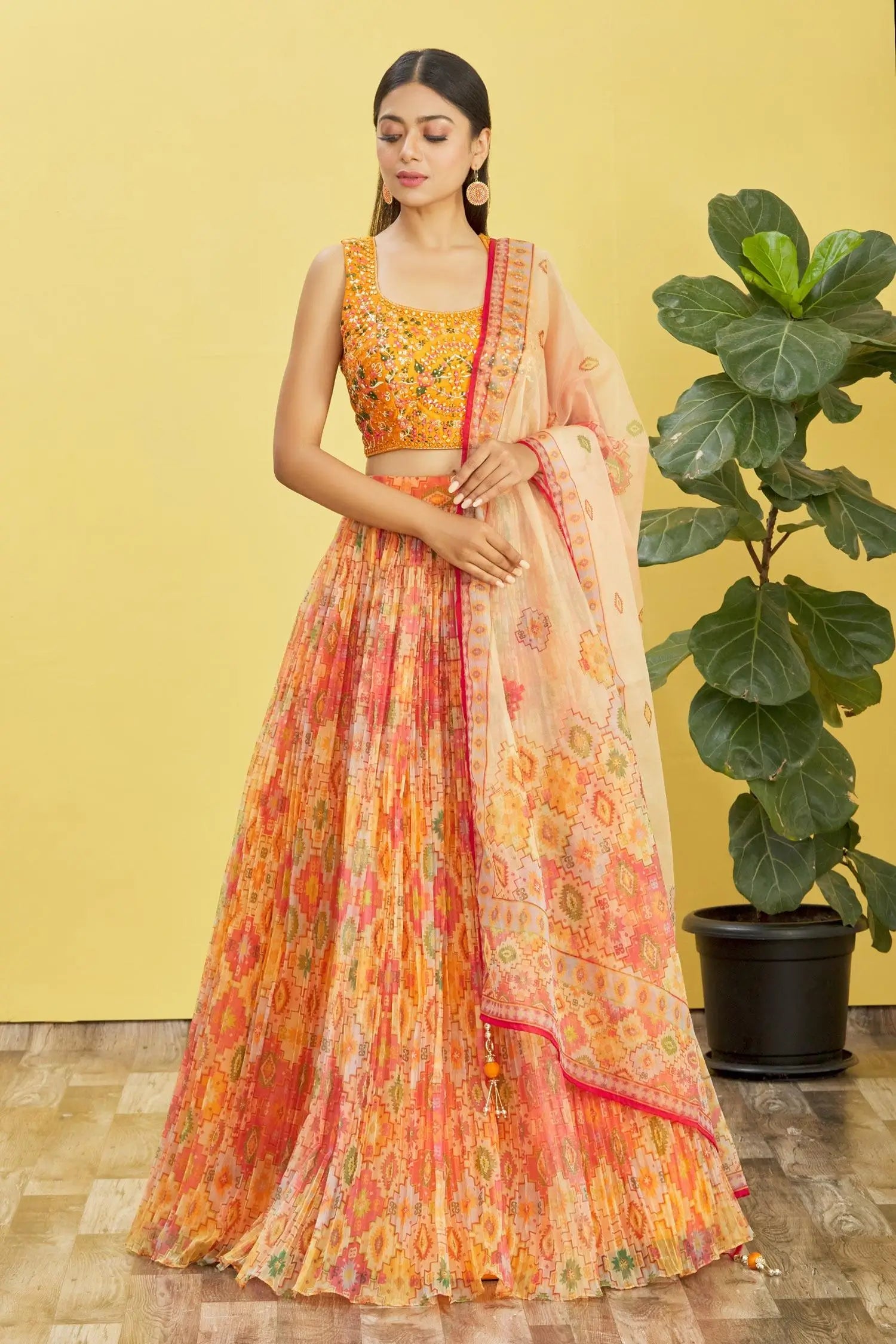 Yellow Lehenga With Digital Print And Sequins Embroidery With Real Mirror Work | Ready To Wear - qivii