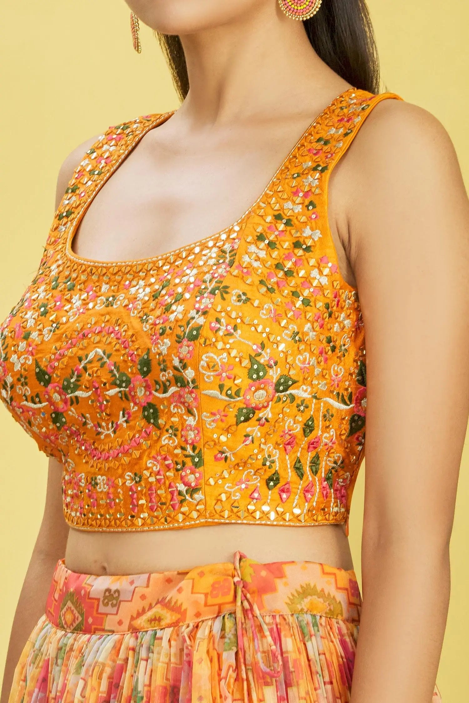 Yellow Lehenga With Digital Print And Sequins Embroidery With Real Mirror Work | Ready To Wear - qivii