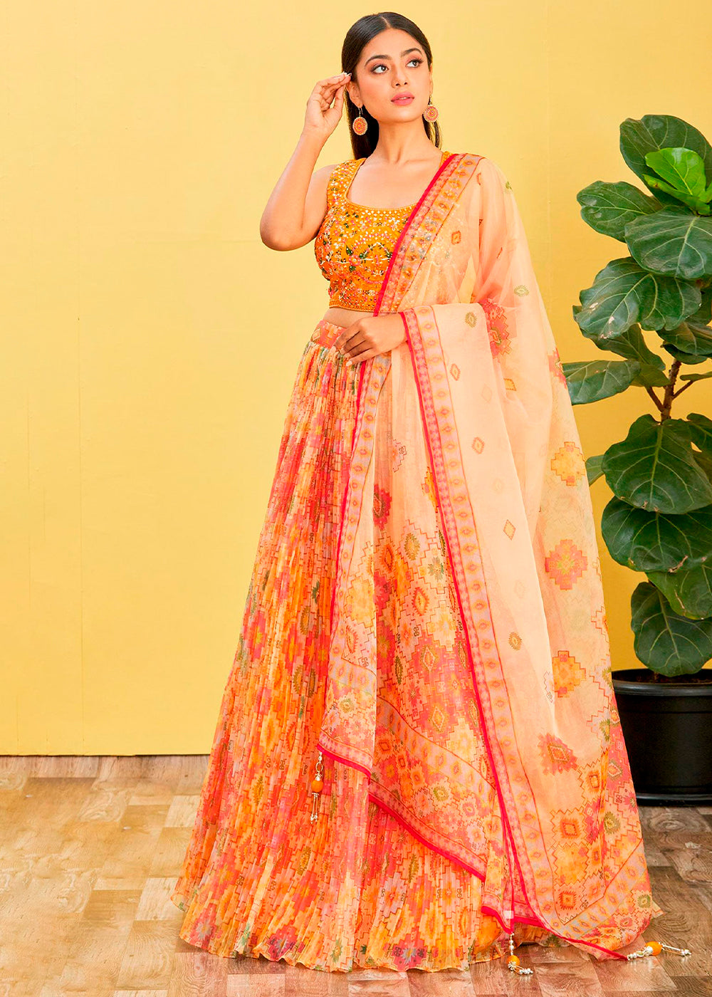 Shades Of Yellow Digital Printed Organza Lehenga with Thread,Zari & Sequins Work | Ready To Wear - qivii