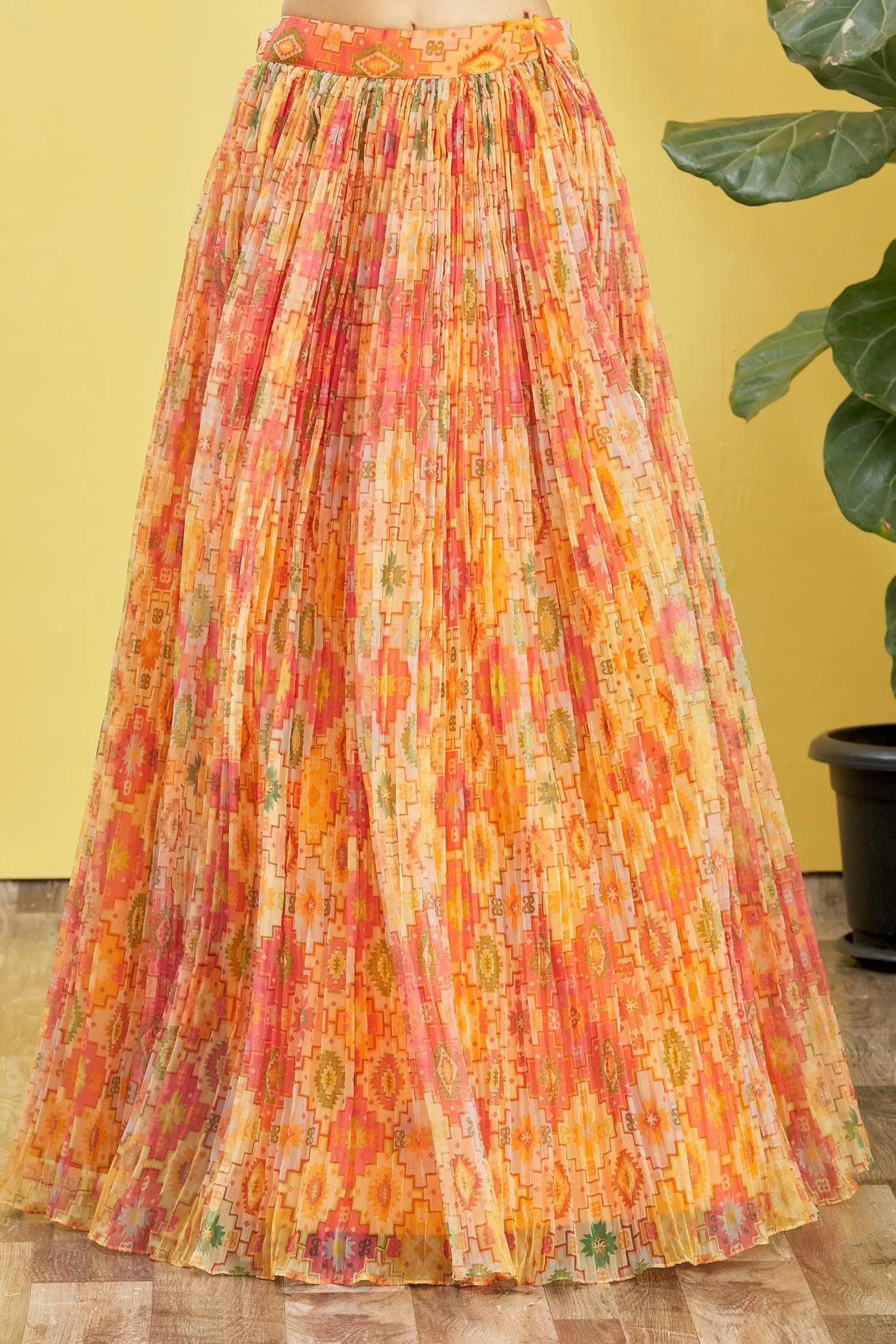 Yellow Lehenga With Digital Print And Sequins Embroidery With Real Mirror Work | Ready To Wear - qivii