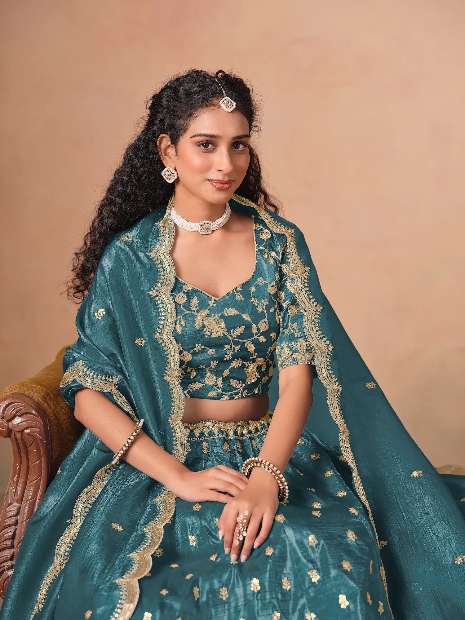 Teal Blue Organza Embroidery Work Lehenga Choli - qivii