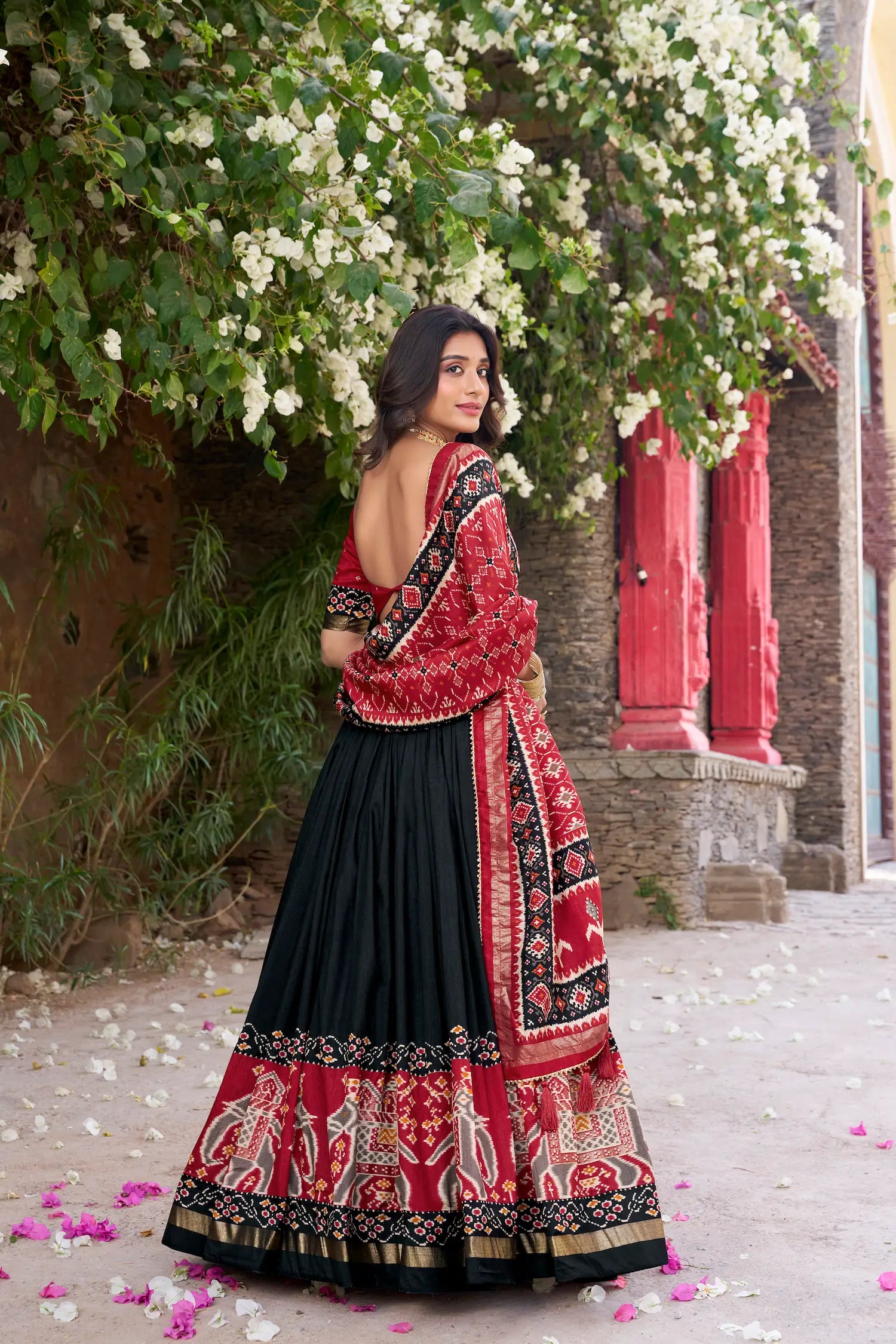 Black Tussar Silk Patola Print And Foil Work Lehenga Choli - qivii
