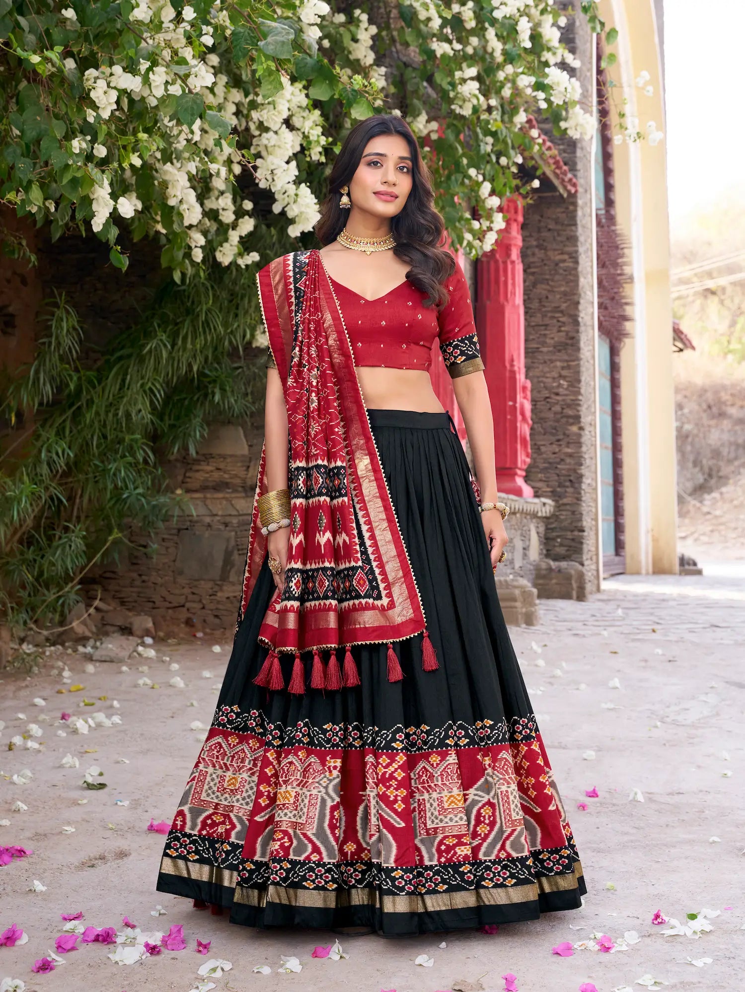 Black Tussar Silk Patola Print And Foil Work Lehenga Choli - qivii