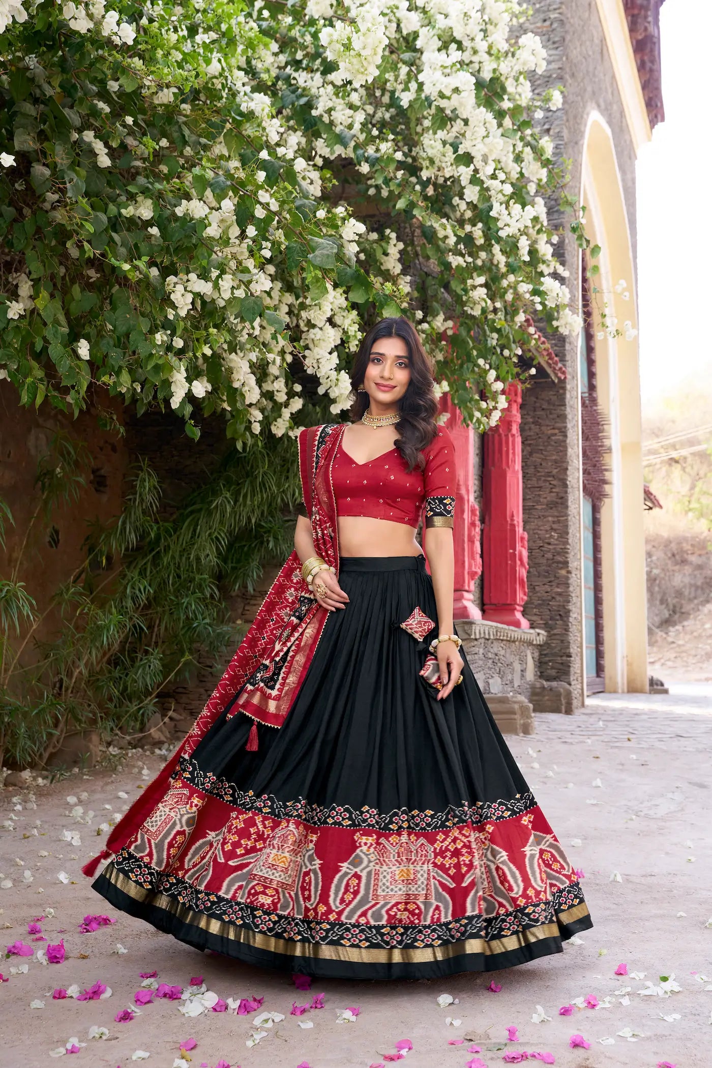 Black Tussar Silk Patola Print And Foil Work Lehenga Choli - qivii