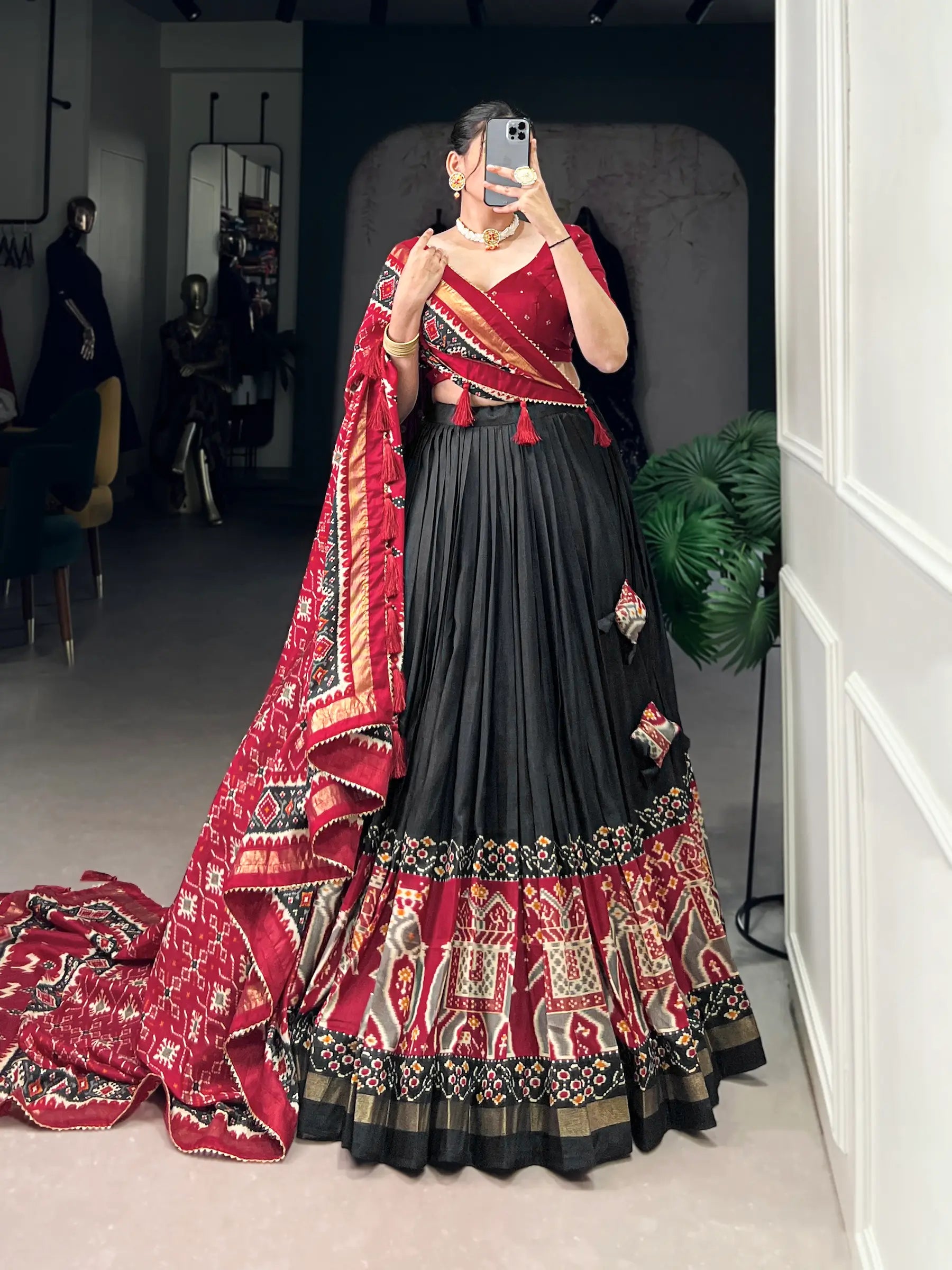 Black Tussar Silk Patola Print And Foil Work Lehenga Choli - qivii