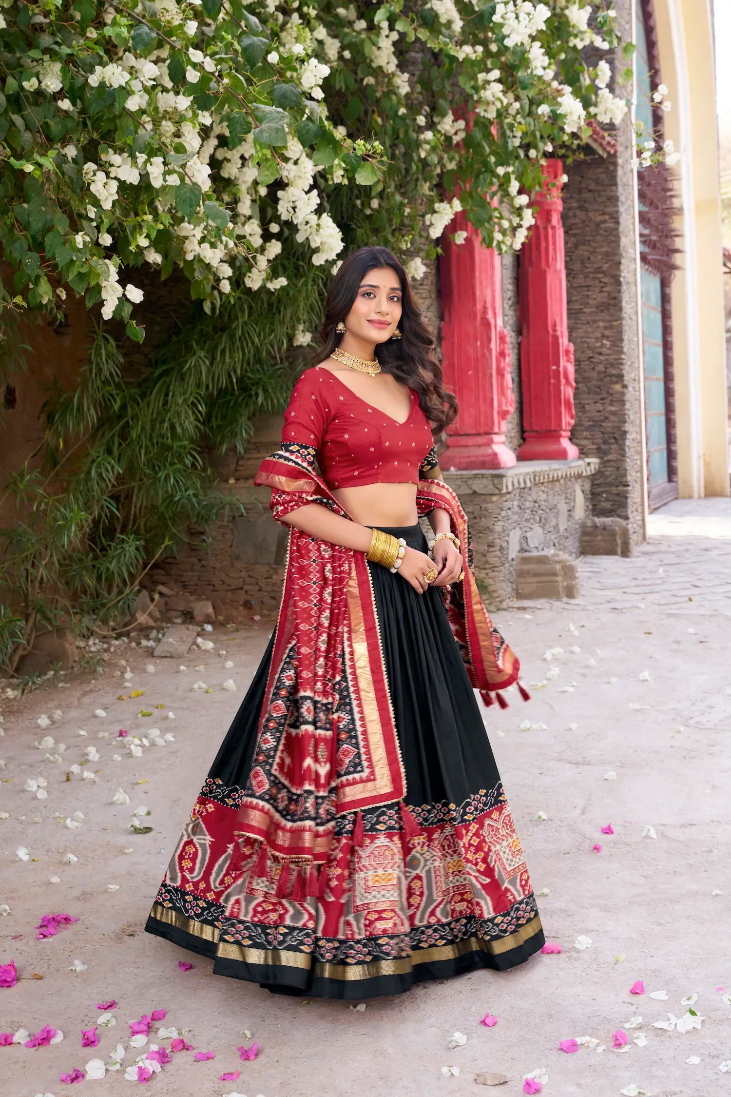 Black Tussar Silk Patola Print And Foil Work Lehenga Choli - qivii