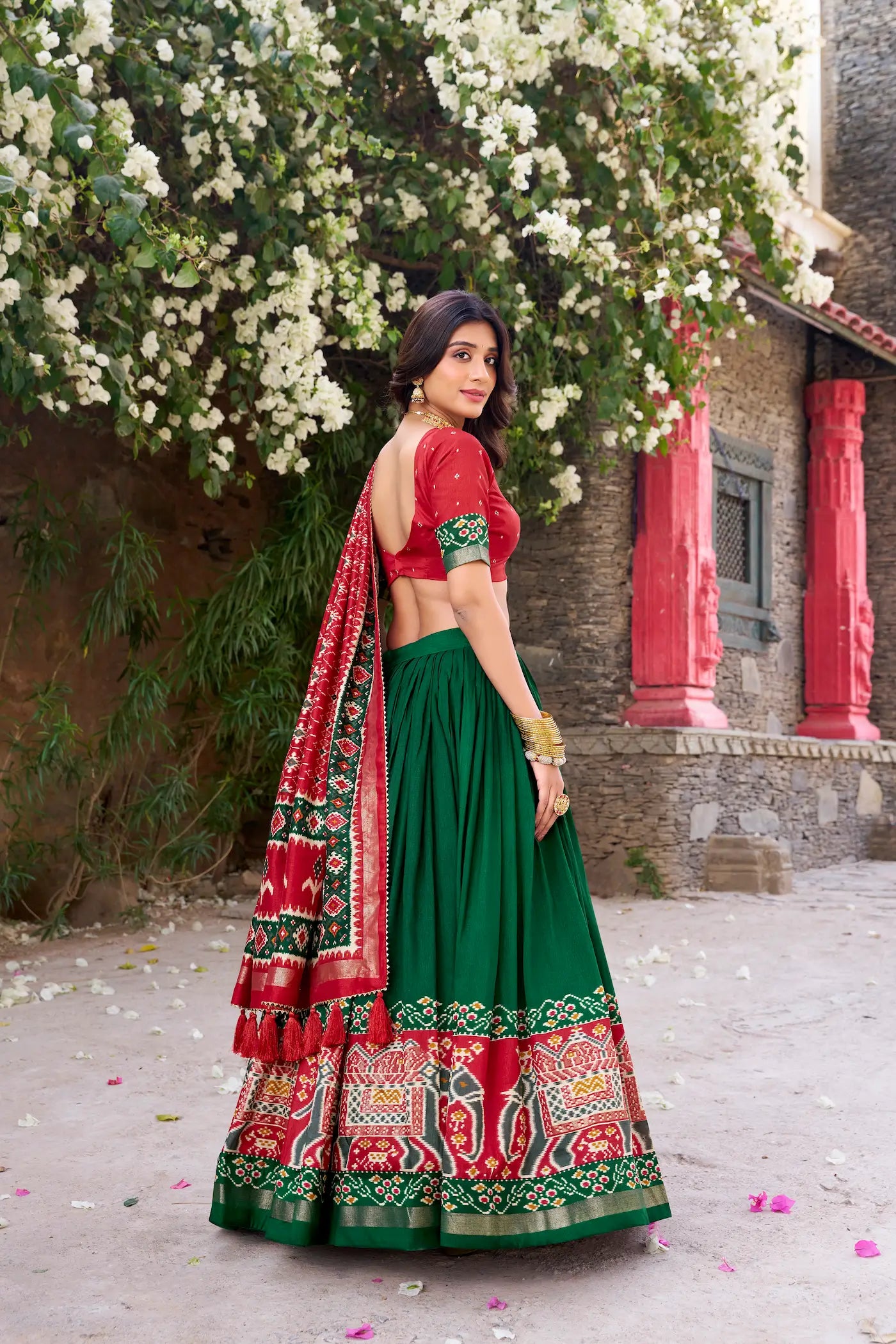 Green Tussar Silk Patola Print And Foil Work Lehenga Choli - qivii