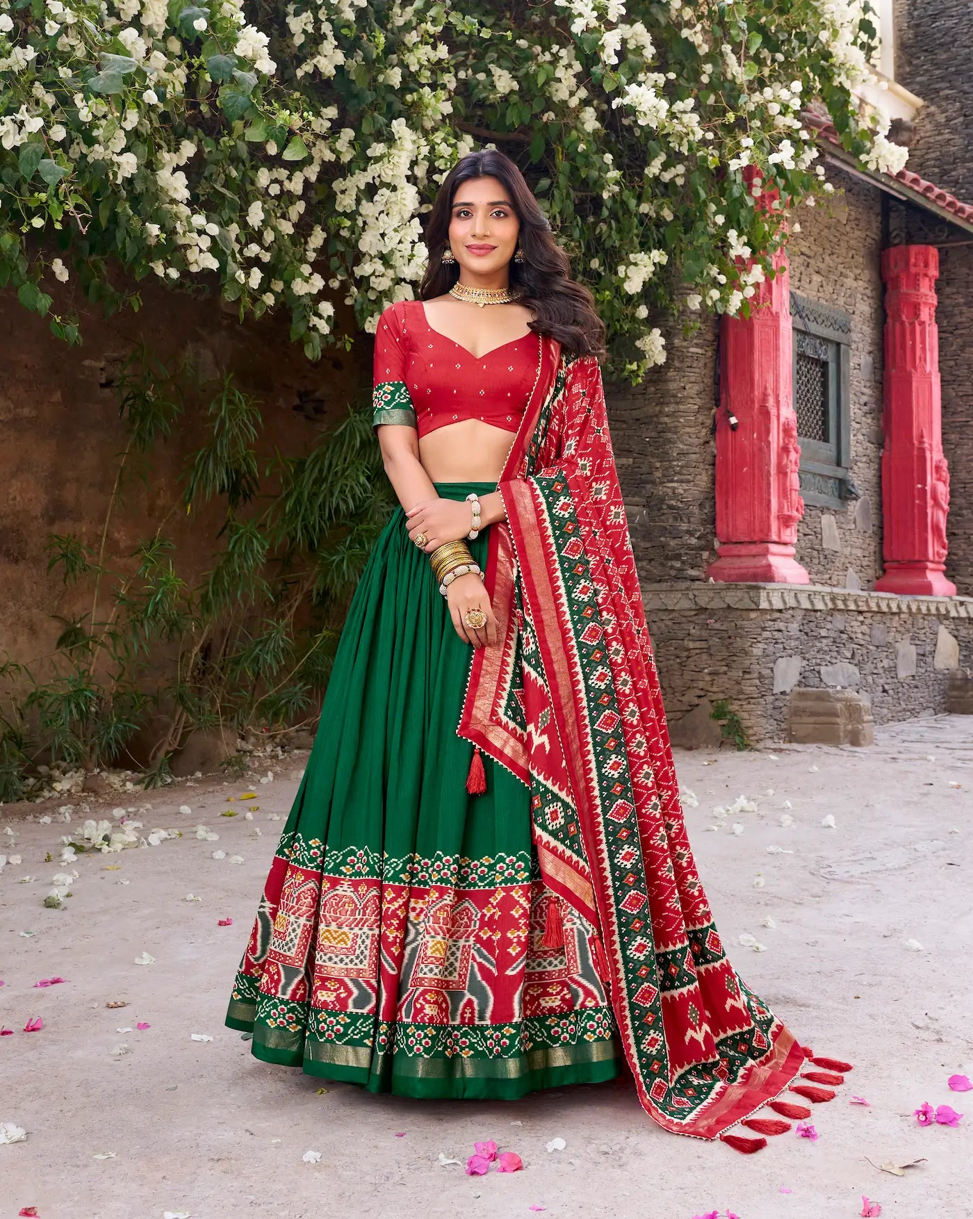 Green Tussar Silk Patola Print And Foil Work Lehenga Choli - qivii