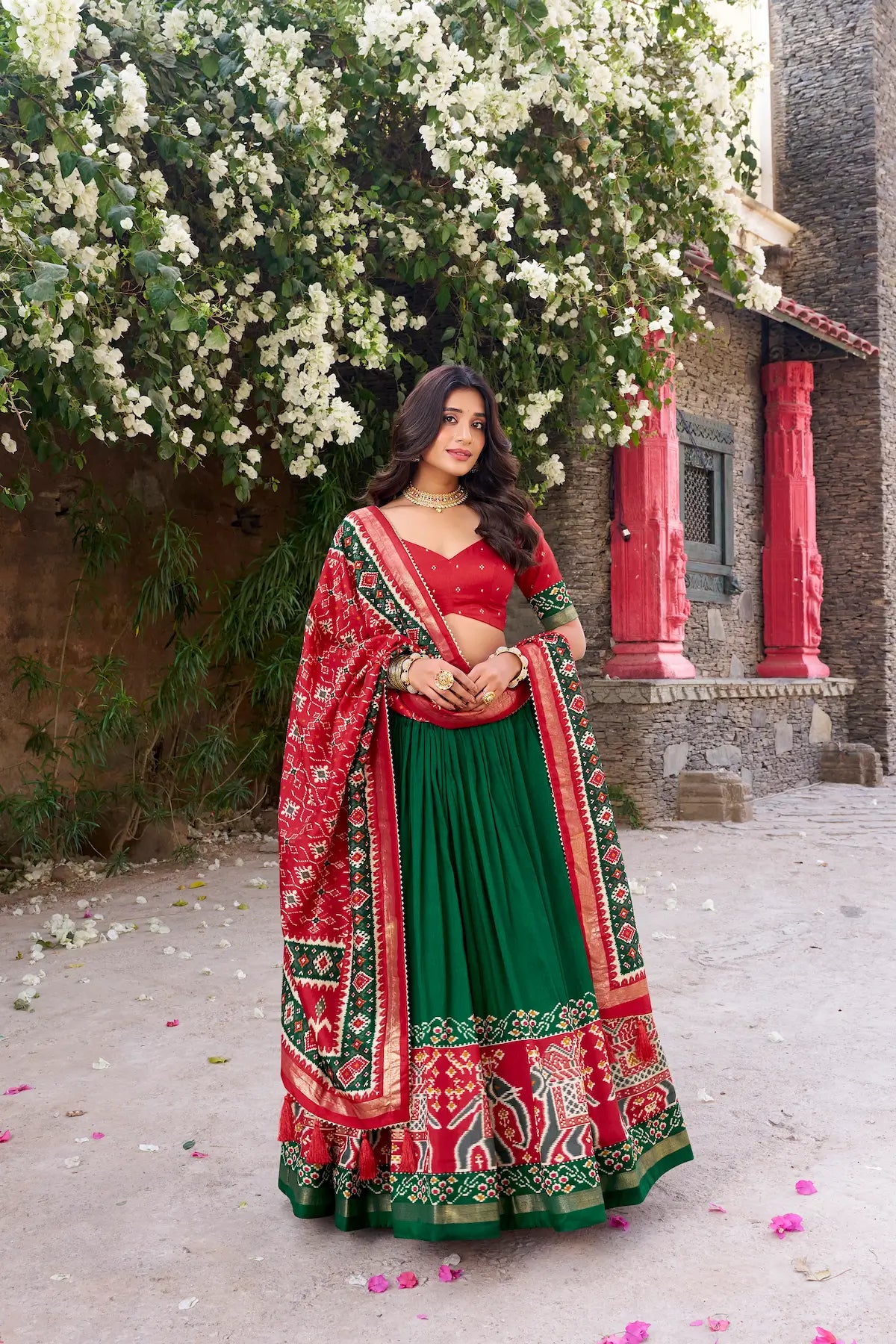 Green Tussar Silk Patola Print And Foil Work Lehenga Choli - qivii