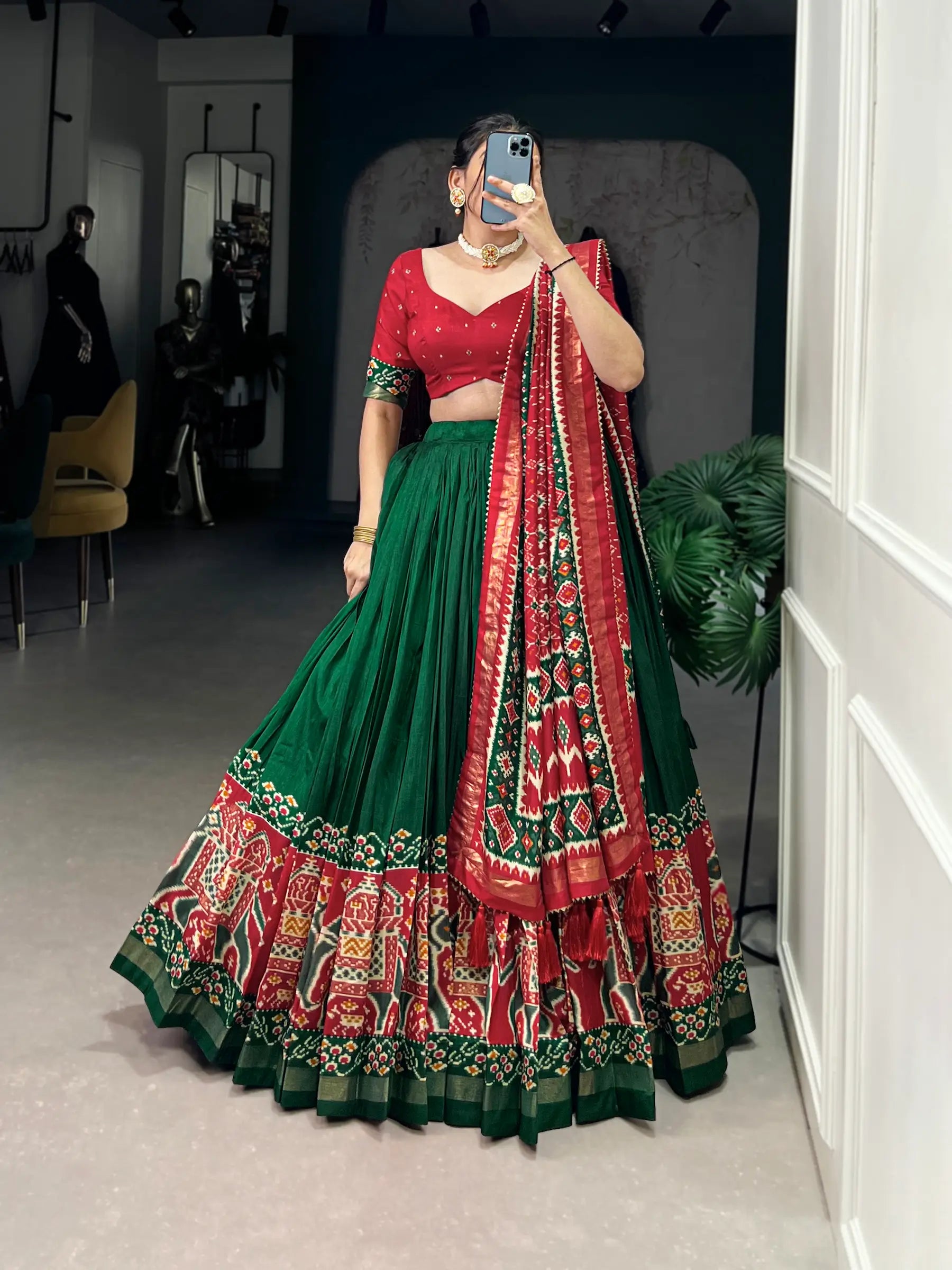 Green Tussar Silk Patola Print And Foil Work Lehenga Choli - qivii