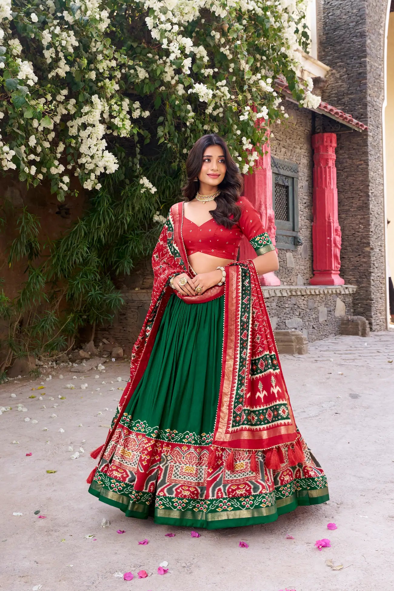 Green Tussar Silk Patola Print And Foil Work Lehenga Choli - qivii