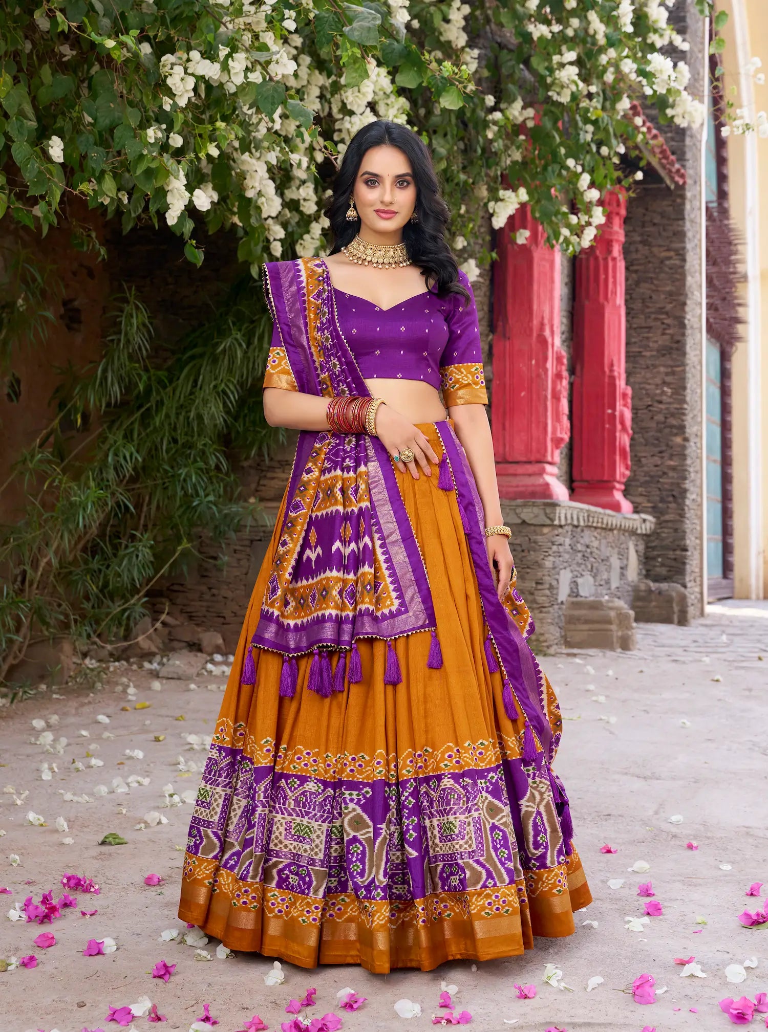 Mustard Tussar Silk Patola Print And Foil Work Lehenga Choli - qivii