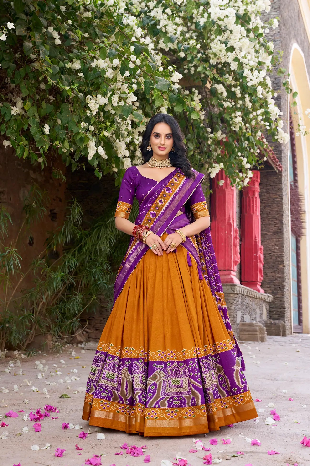 Mustard Tussar Silk Patola Print And Foil Work Lehenga Choli - qivii