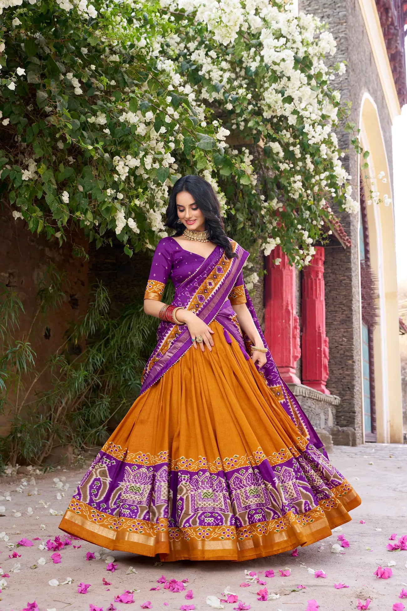 Mustard Tussar Silk Patola Print And Foil Work Lehenga Choli - qivii