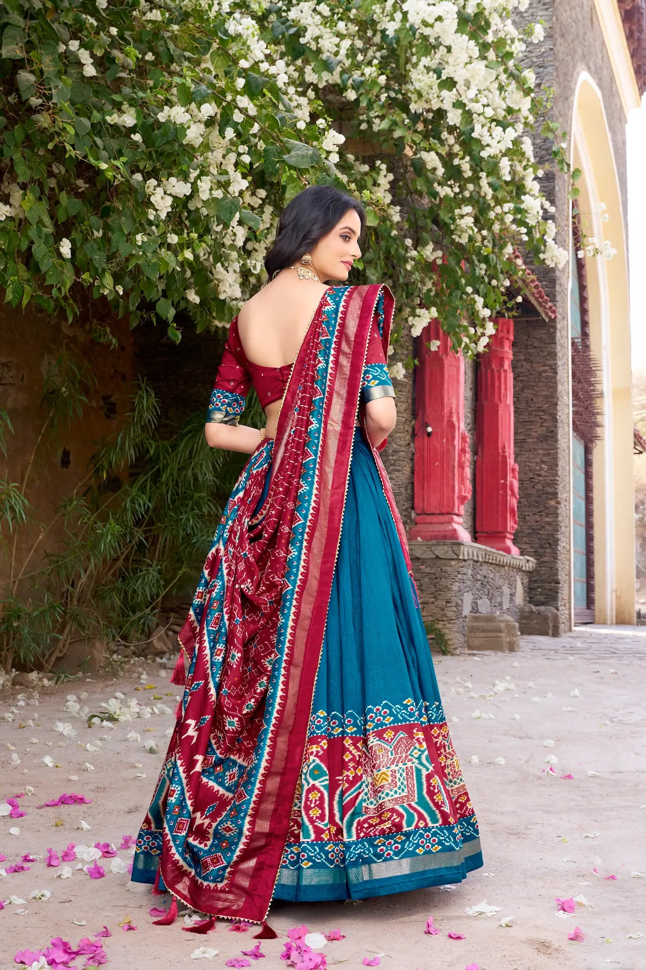 Teal Tussar Silk Patola Print And Foil Work Lehenga Choli - qivii