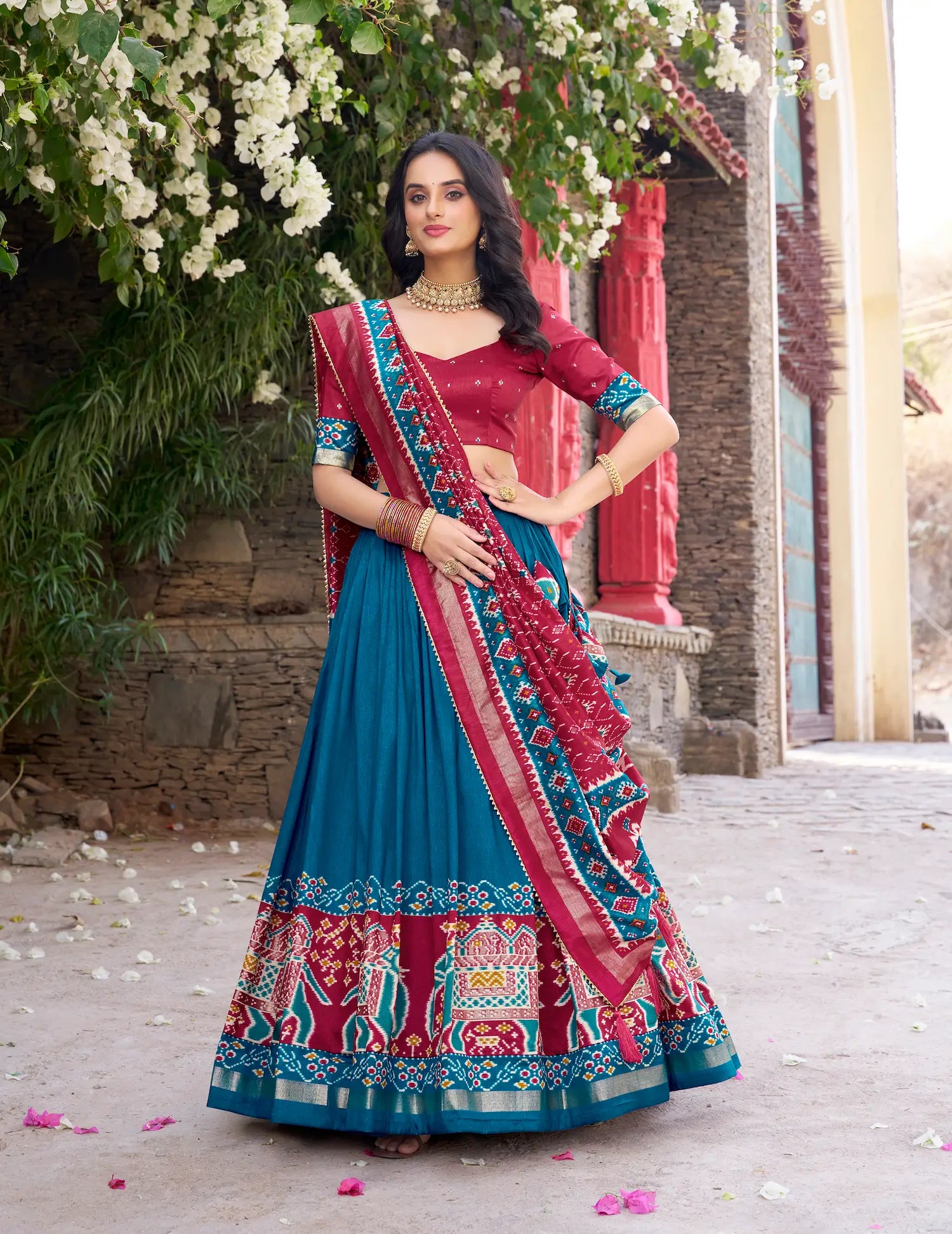 Teal Tussar Silk Patola Print And Foil Work Lehenga Choli - qivii