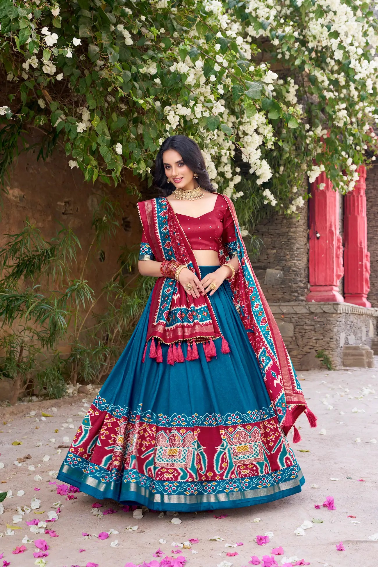 Teal Tussar Silk Patola Print And Foil Work Lehenga Choli - qivii