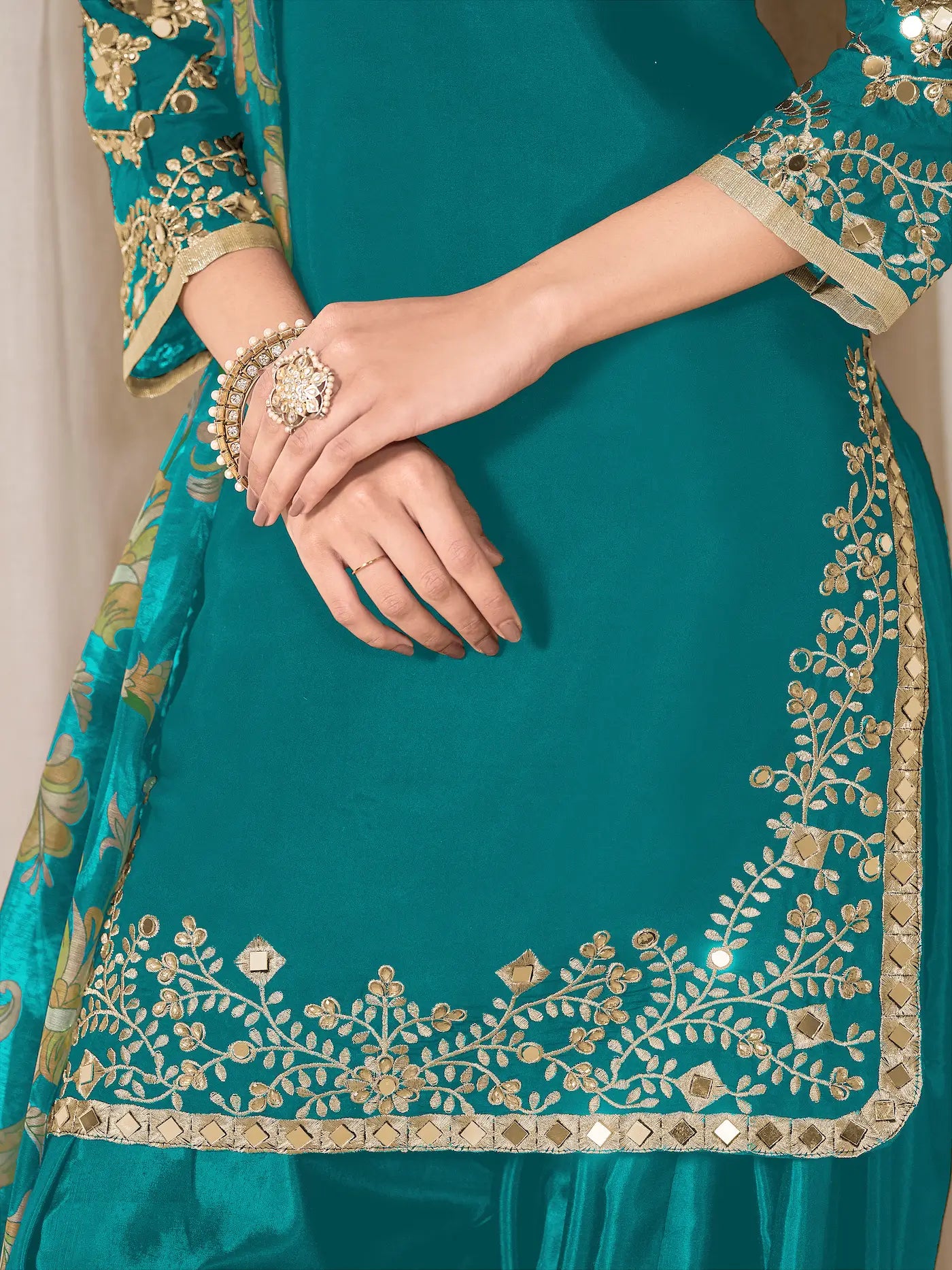 Teal Blue Roman Silk Embroidery Work Salwar Suit - qivii