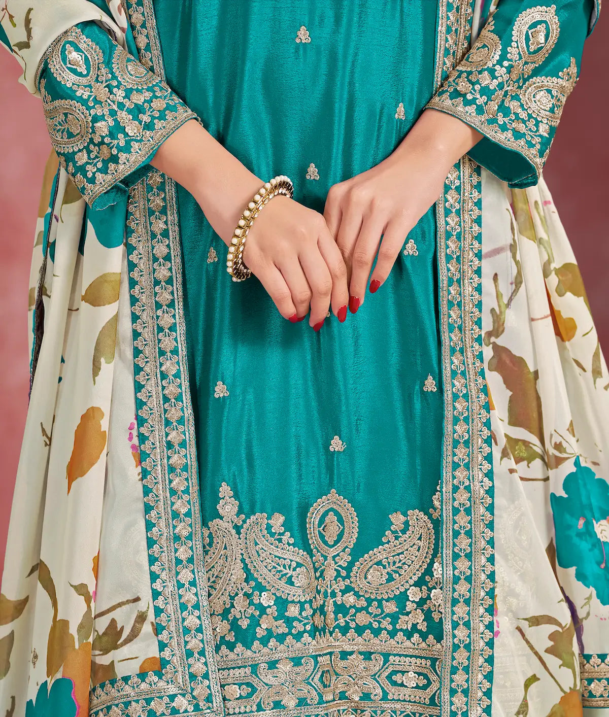 Teal Blue Chinon Embroidery Salwar suit With Organza Dupatta - qivii