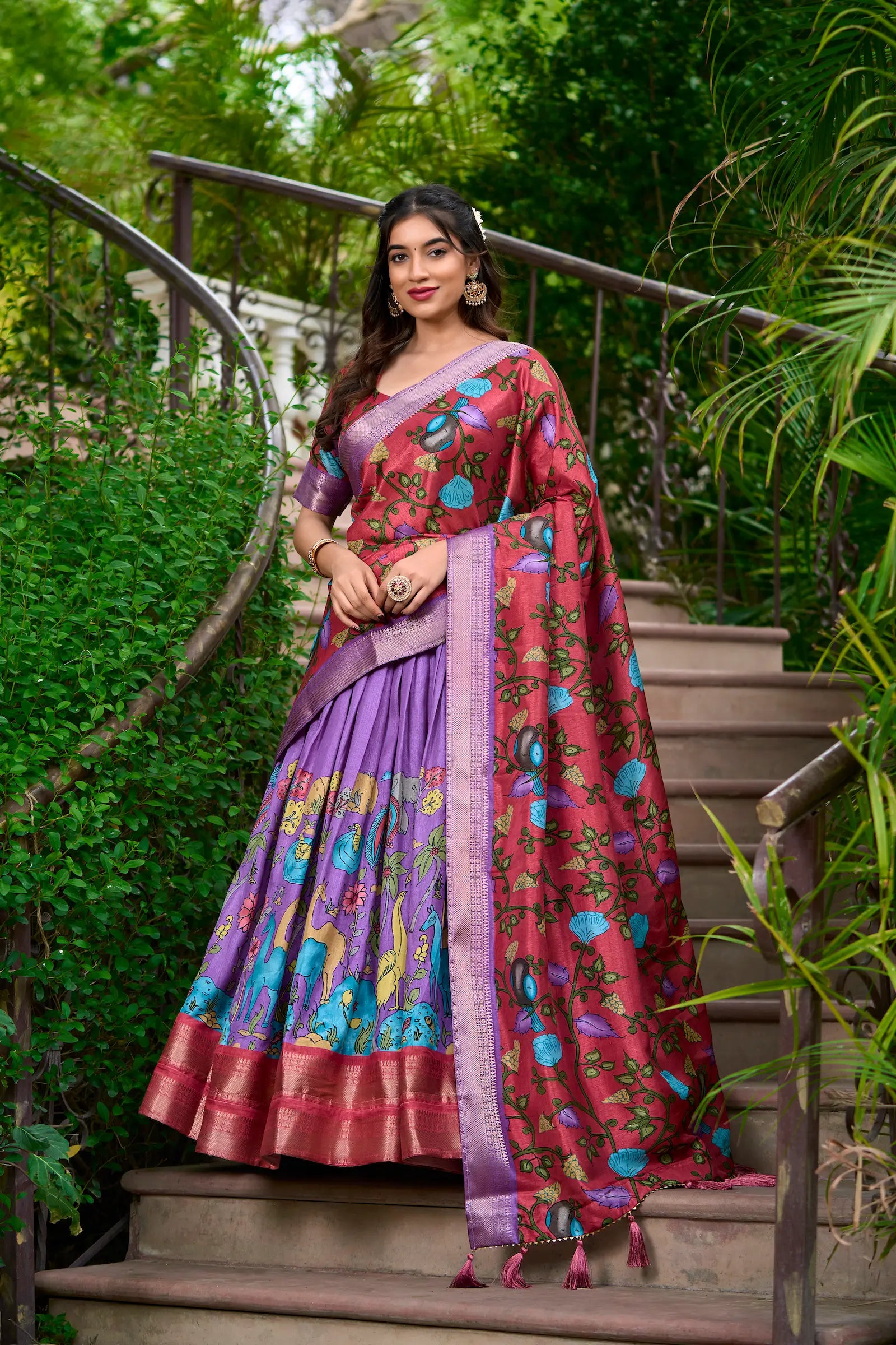 Lavender Dola Silk Lehenga Choli With Kalamkari Print And Zari Weaving Work | Ready To Wear - qivii