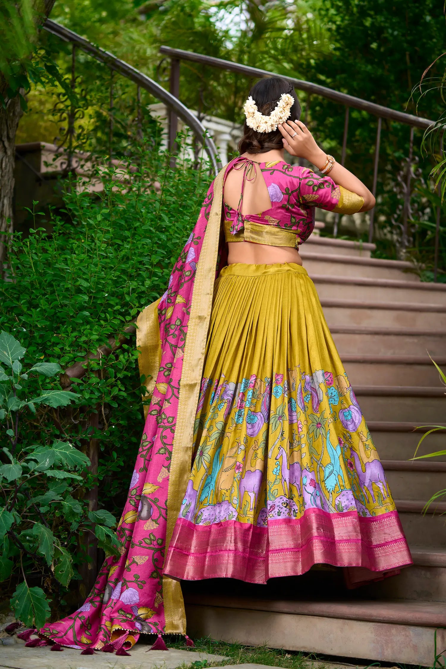 Mustard Dola Silk Lehenga Choli With Kalamkari Print And Zari Weaving Work | Ready To Wear - qivii
