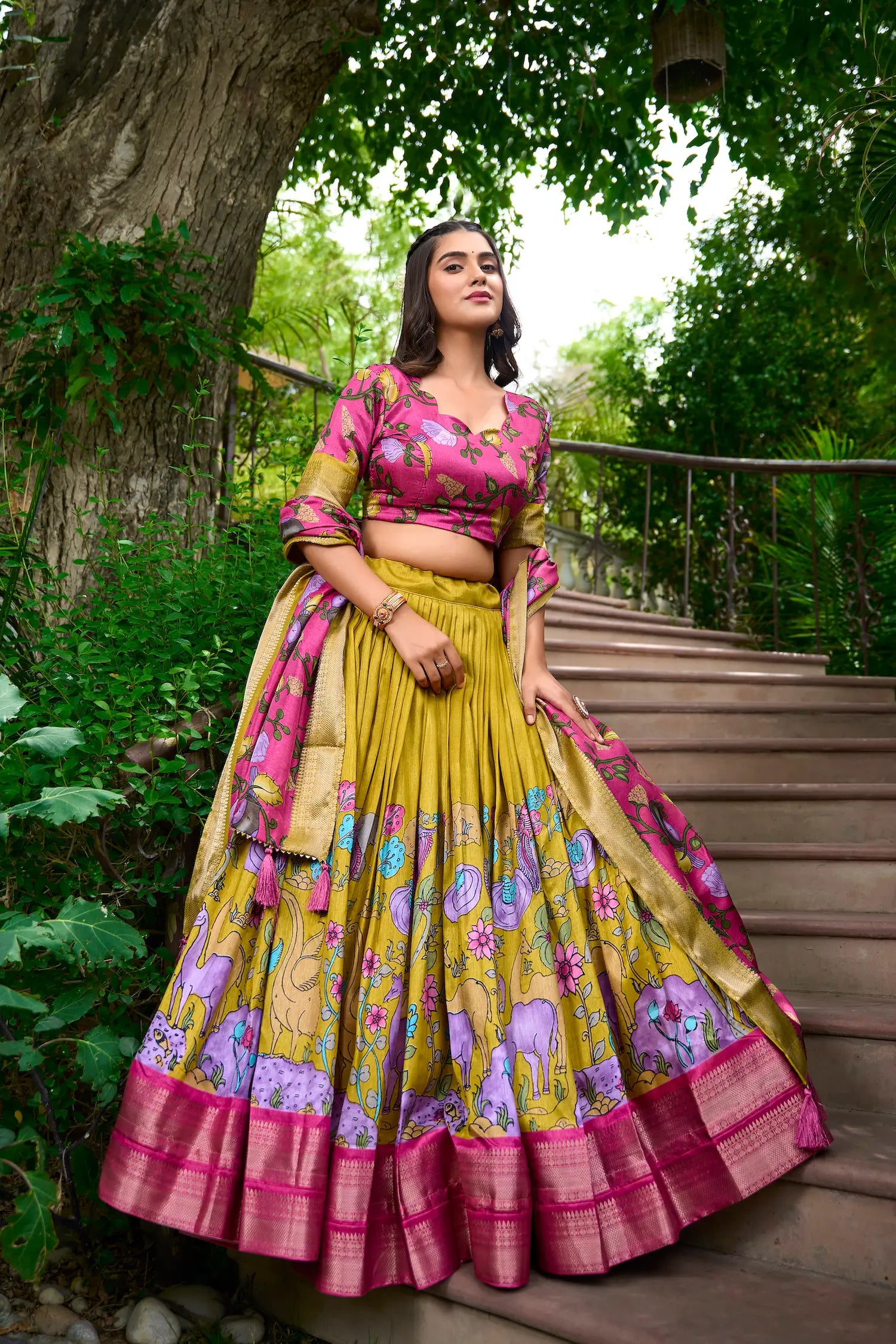 Mustard Dola Silk Lehenga Choli With Kalamkari Print And Zari Weaving Work | Ready To Wear - qivii
