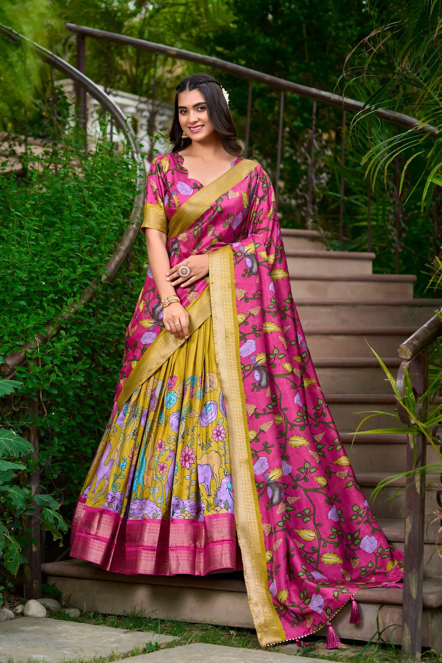 Mustard Dola Silk Lehenga Choli With Kalamkari Print And Zari Weaving Work | Ready To Wear - qivii