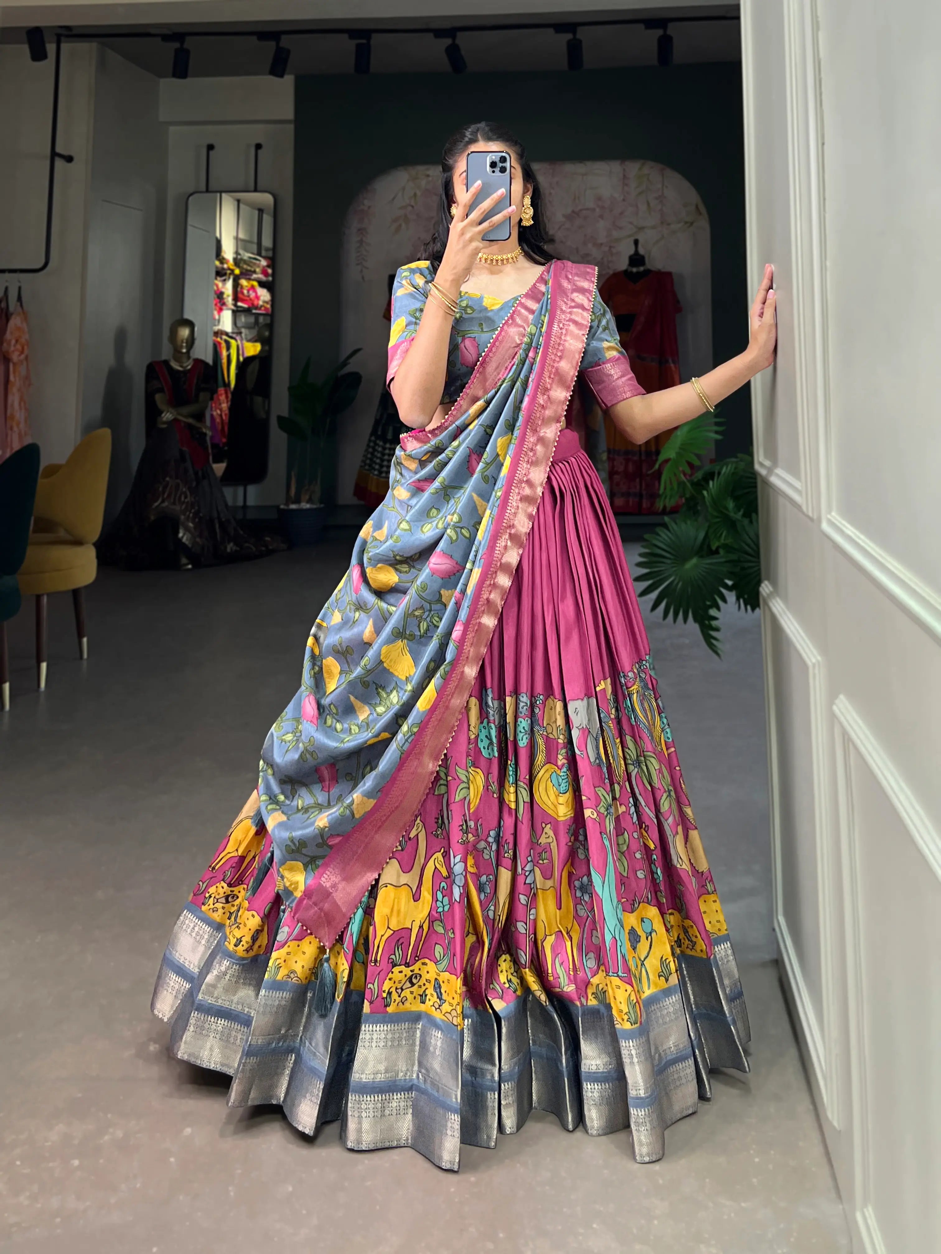 Pink Dola Silk Lehenga Choli With Kalamkari Print And Zari Weaving Work | Ready To Wear - qivii