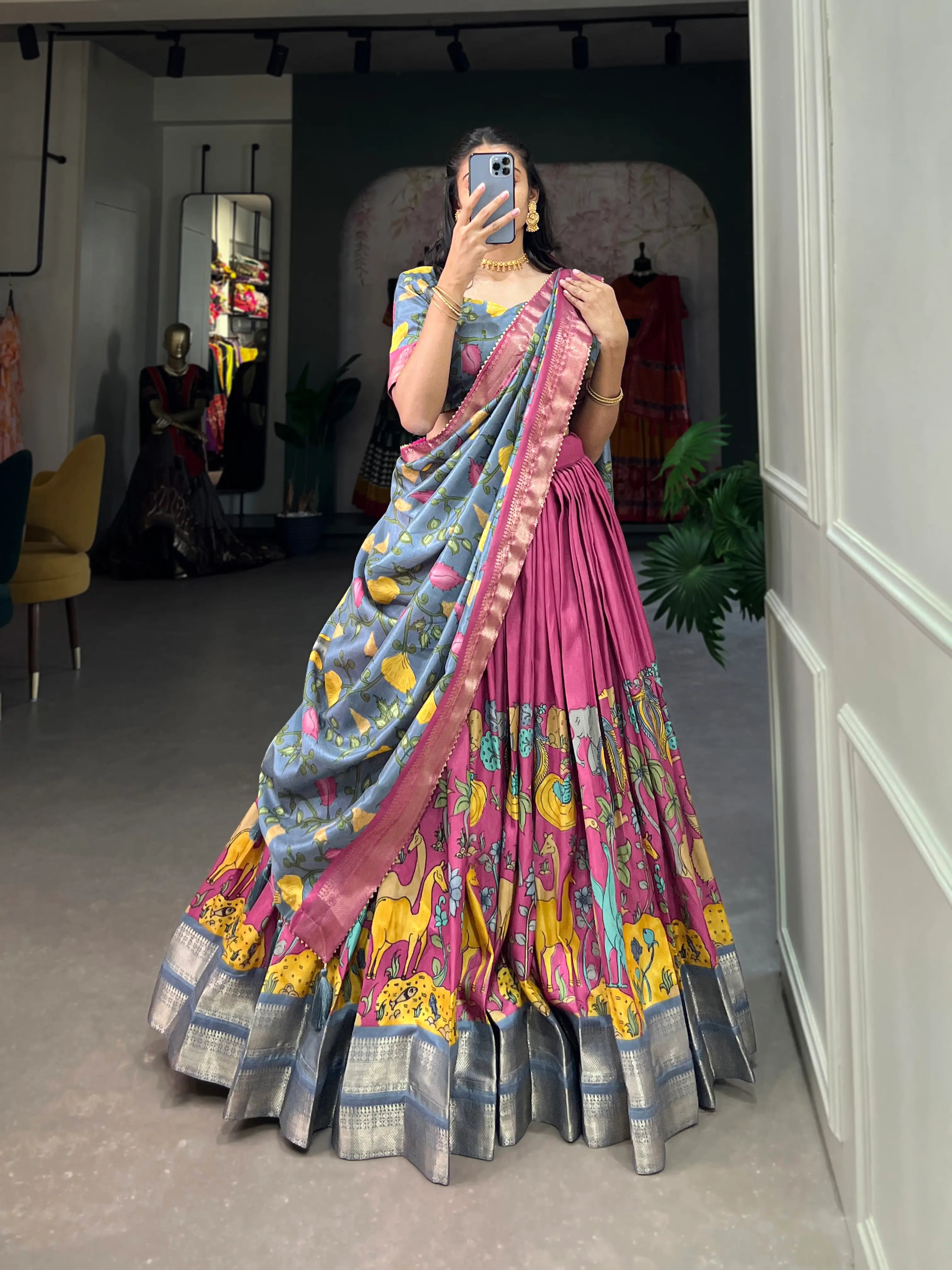 Pink Dola Silk Lehenga Choli With Kalamkari Print And Zari Weaving Work | Ready To Wear - qivii