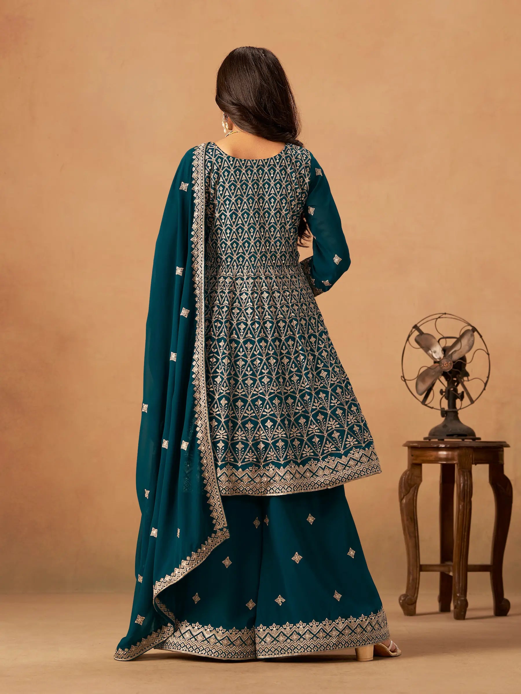 Teal Blue Georgette Embroidery Work Palazzo Set - qivii
