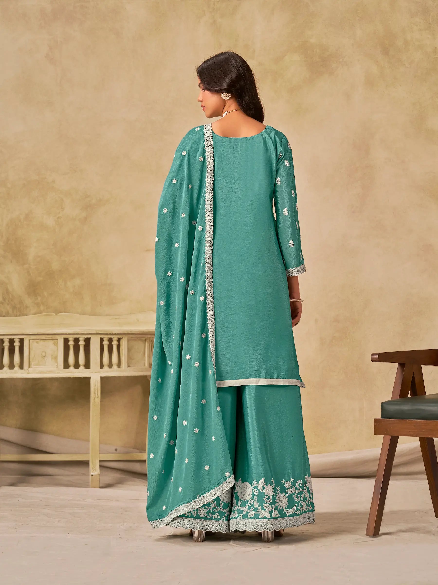 Sky Blue Chinon Embroidery Work Palazzo Suit - qivii