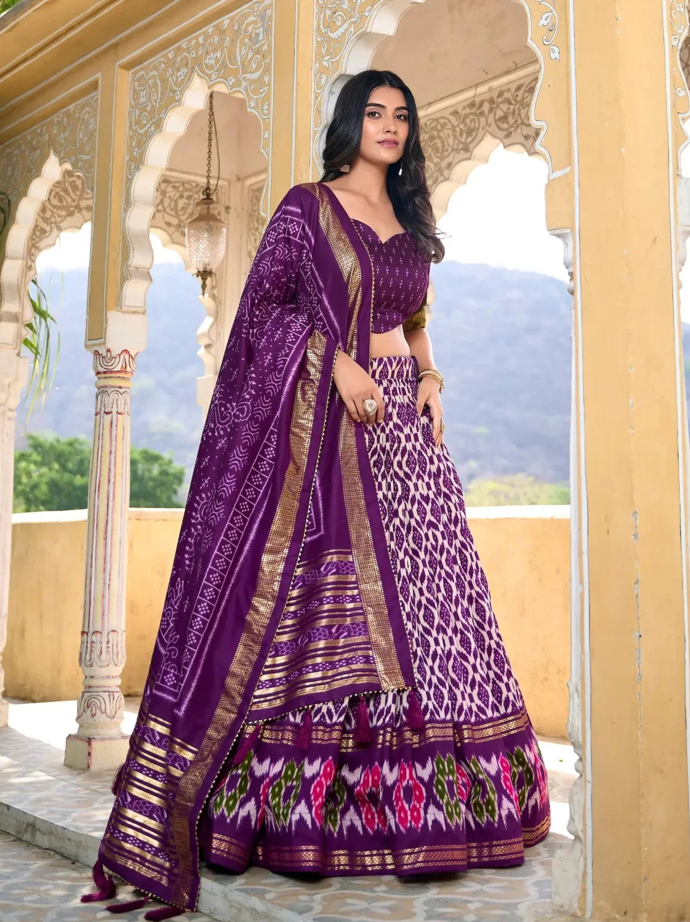 Purple Tussar Silk Lehenga Choli With Ikkat Print Foil Work | Ready To Wear - qivii