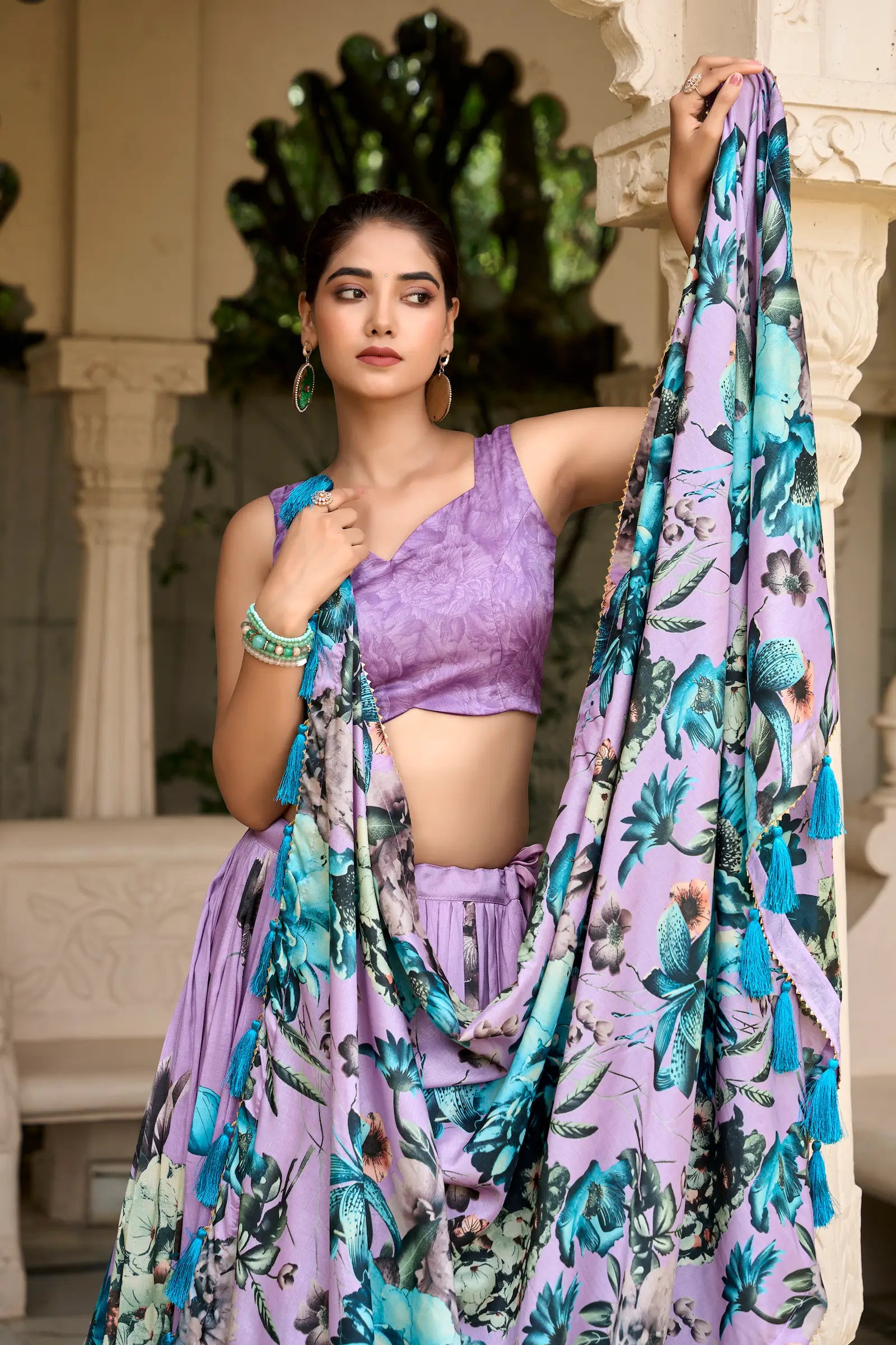 Lavender Tussar Silk Floral Printed Lehenga Choli | Ready To Wear - qivii