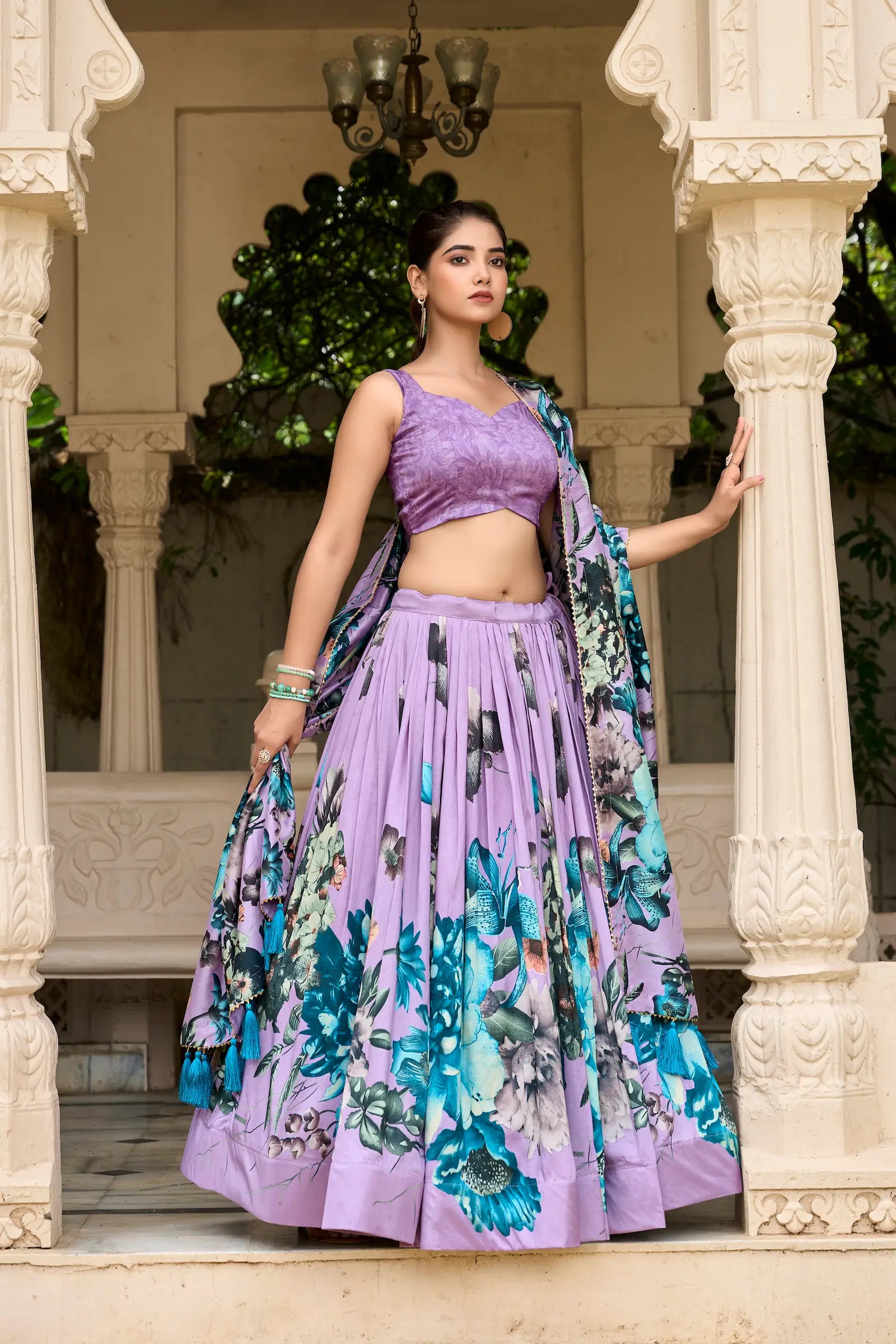 Lavender Tussar Silk Floral Printed Lehenga Choli | Ready To Wear - qivii