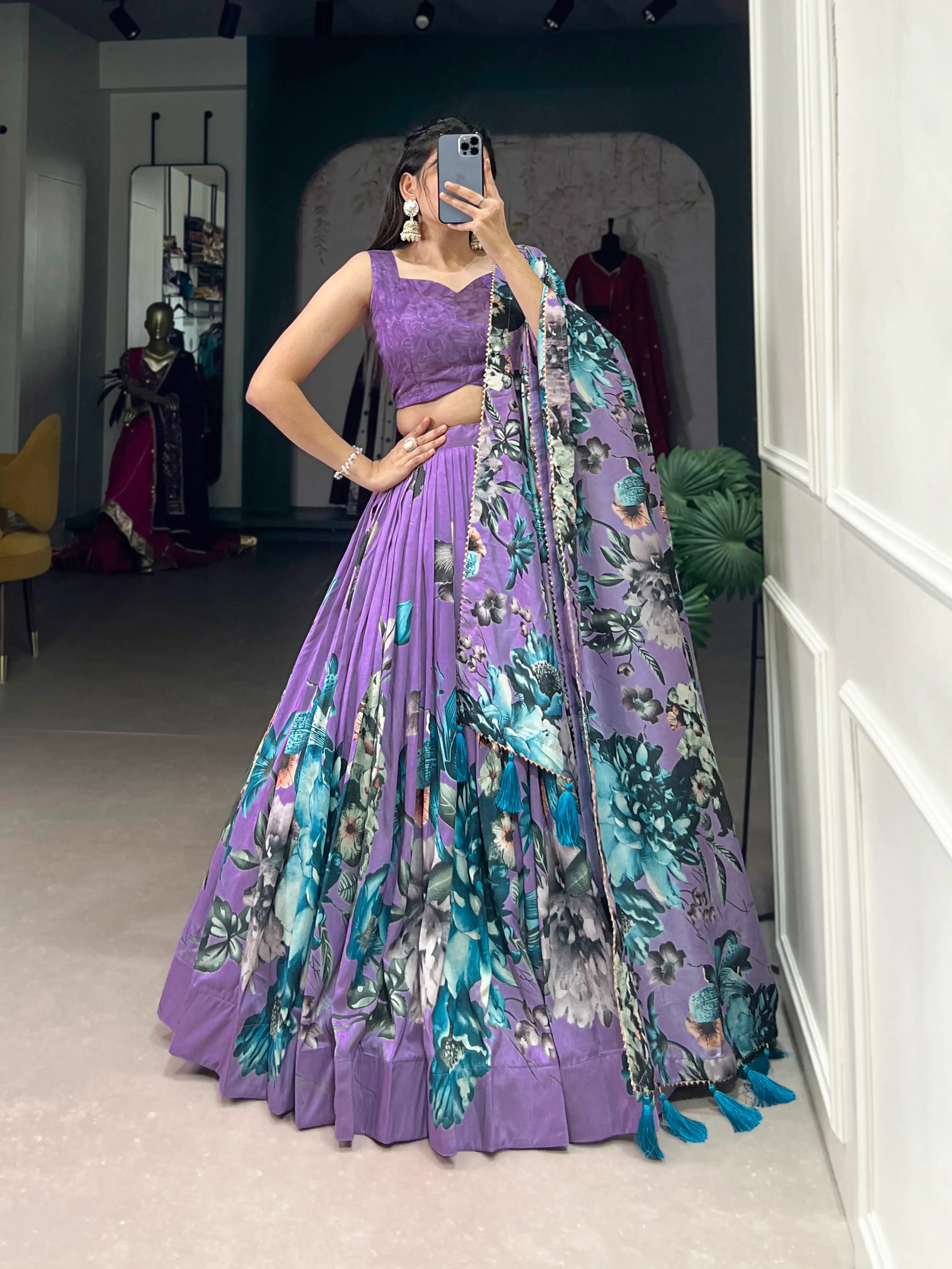 Lavender Tussar Silk Floral Printed Lehenga Choli | Ready To Wear - qivii