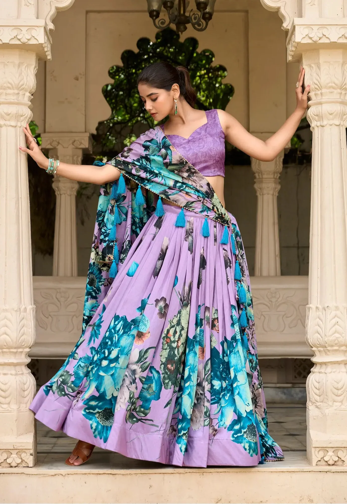 Lavender Tussar Silk Floral Printed Lehenga Choli | Ready To Wear - qivii