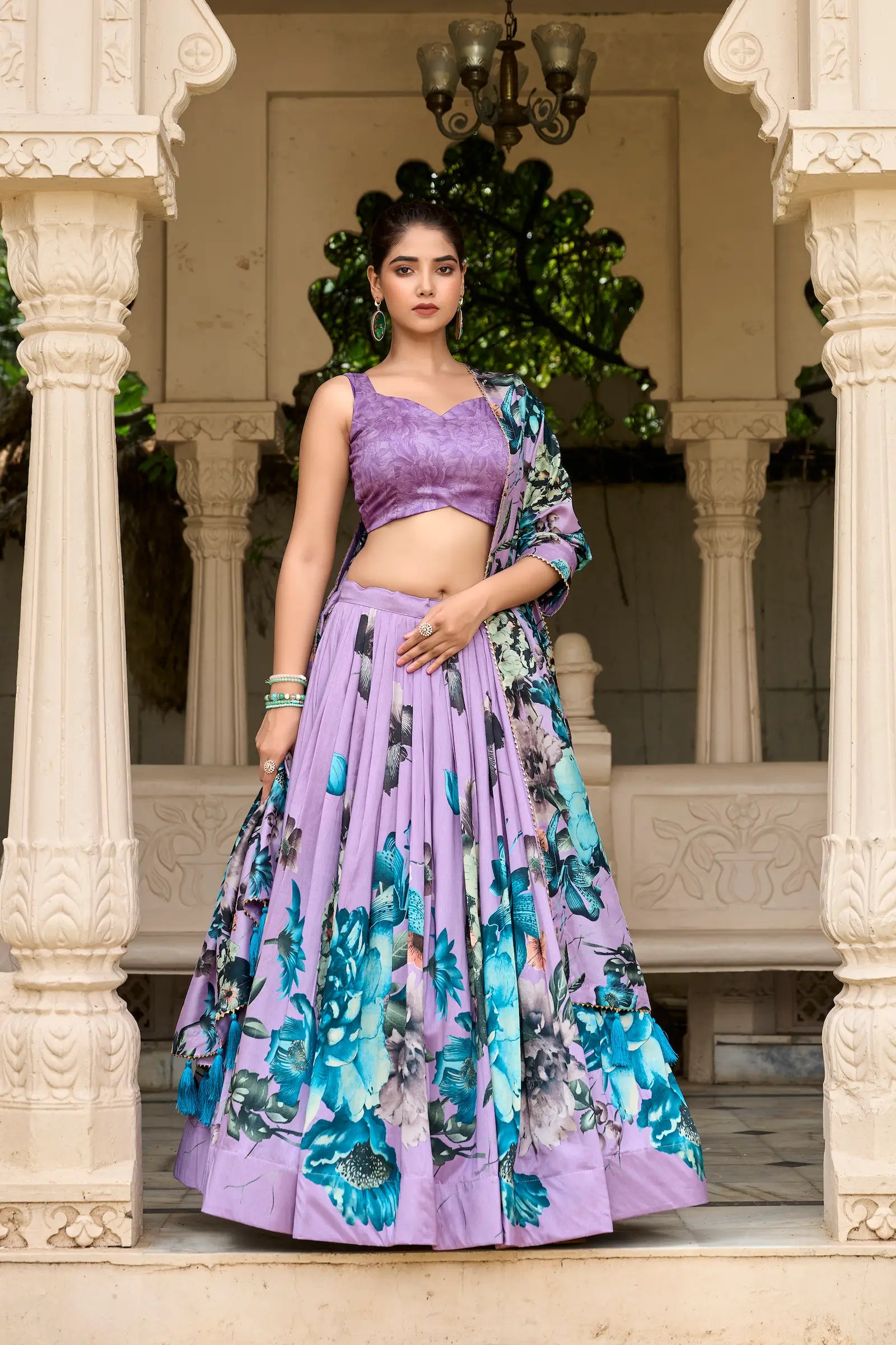 Lavender Tussar Silk Floral Printed Lehenga Choli | Ready To Wear - qivii