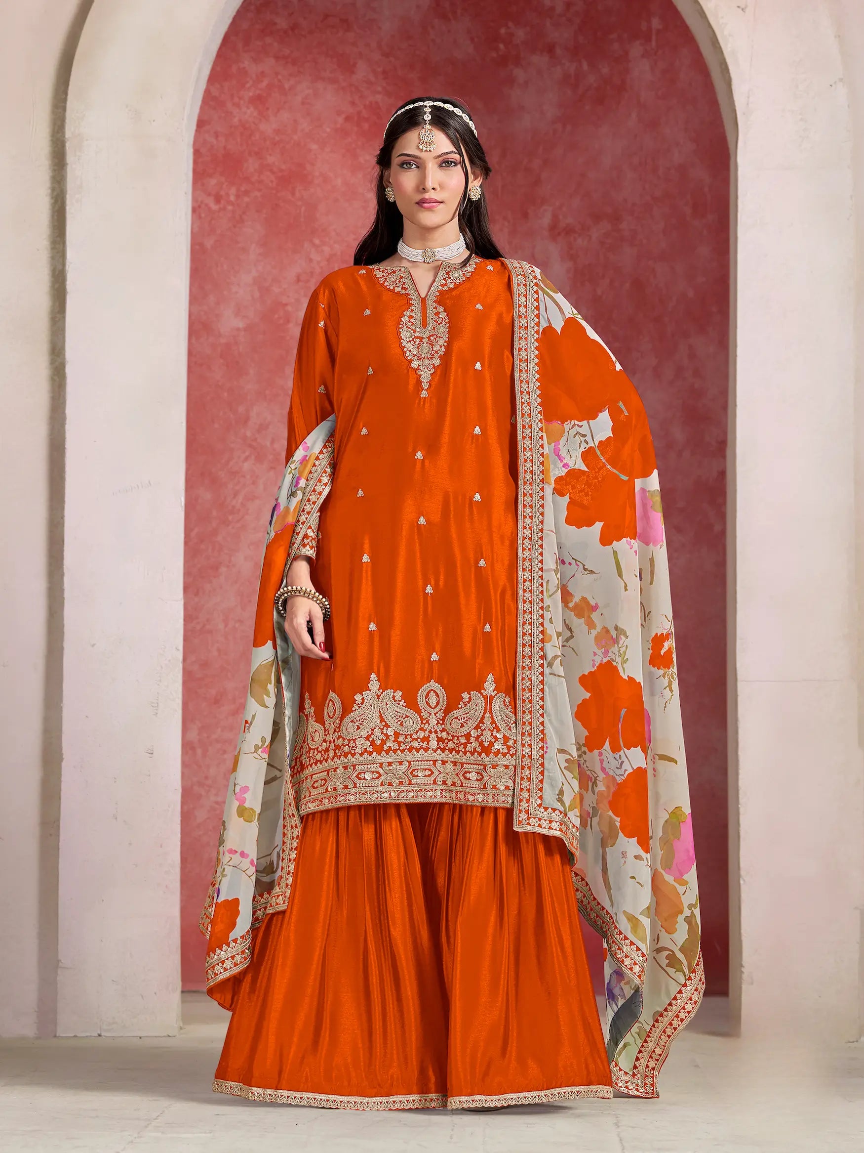 Orange Chinon Embroidery Salwar suit With Organza Dupatta - qivii