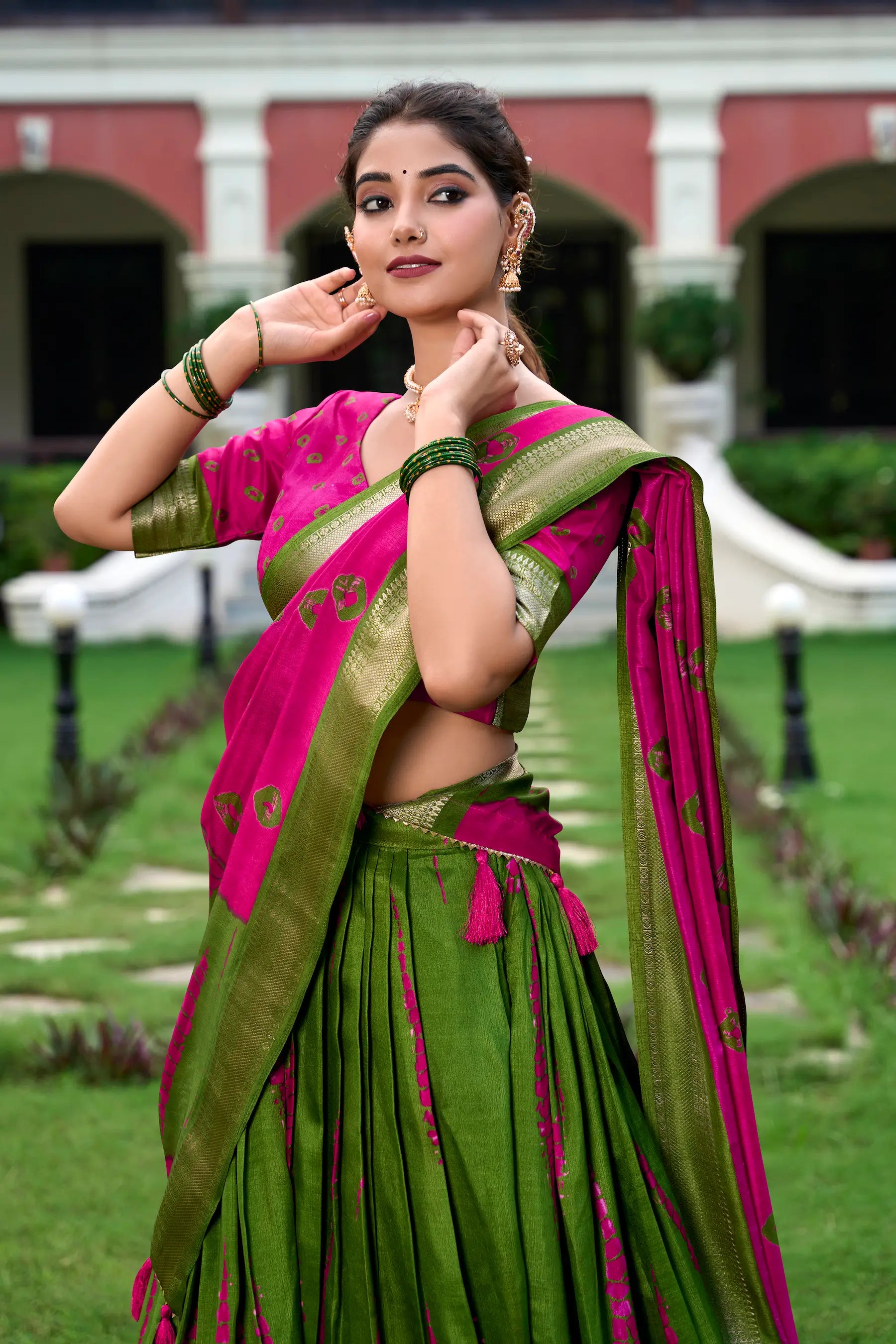 Pink & Green Dola Silk Lehenga Choli With Shibori Print & Zari Weaving Border | Ready To Wear - qivii