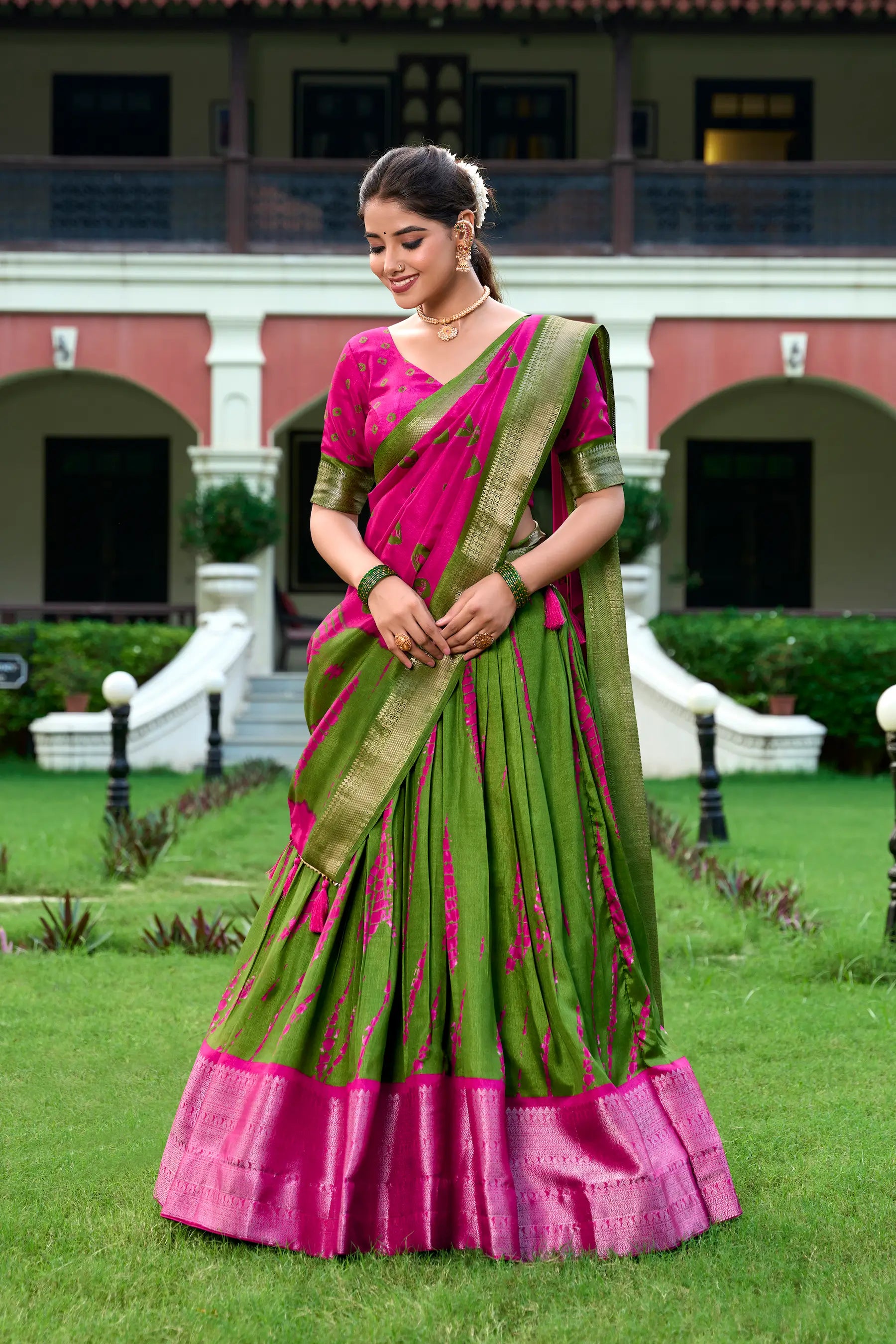 Pink & Green Dola Silk Lehenga Choli With Shibori Print & Zari Weaving Border | Ready To Wear - qivii