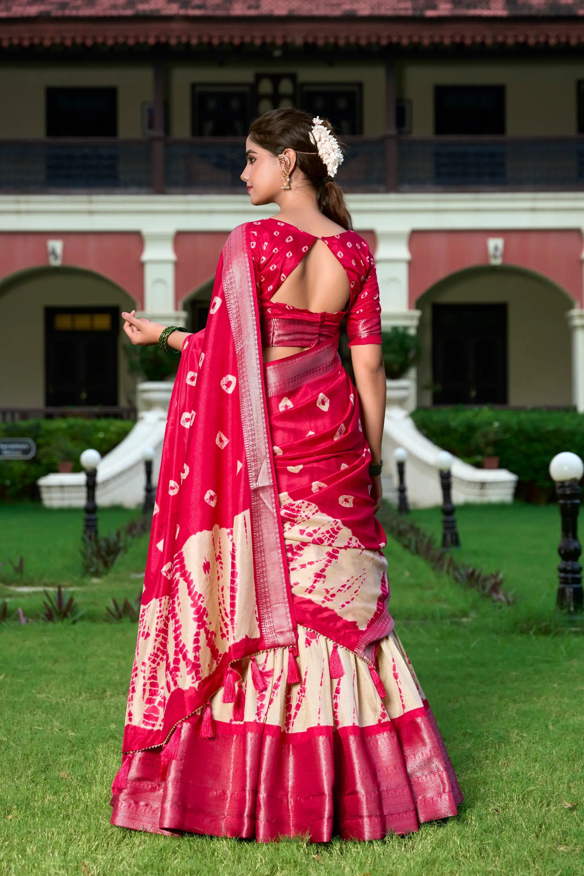 Red & Beige Dola Silk Lehenga Choli With Shibori Print & Zari Weaving Border | Ready To Wear - qivii