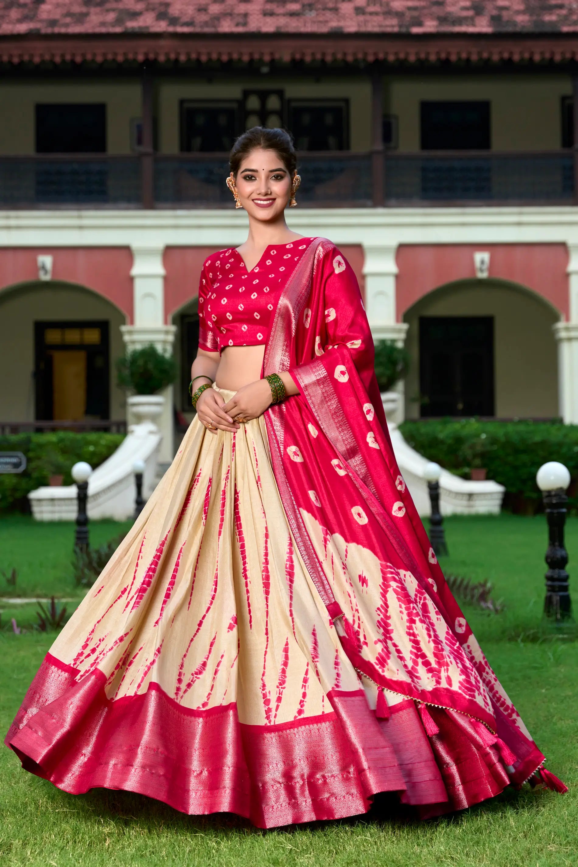 Red & Beige Dola Silk Lehenga Choli With Shibori Print & Zari Weaving Border | Ready To Wear - qivii