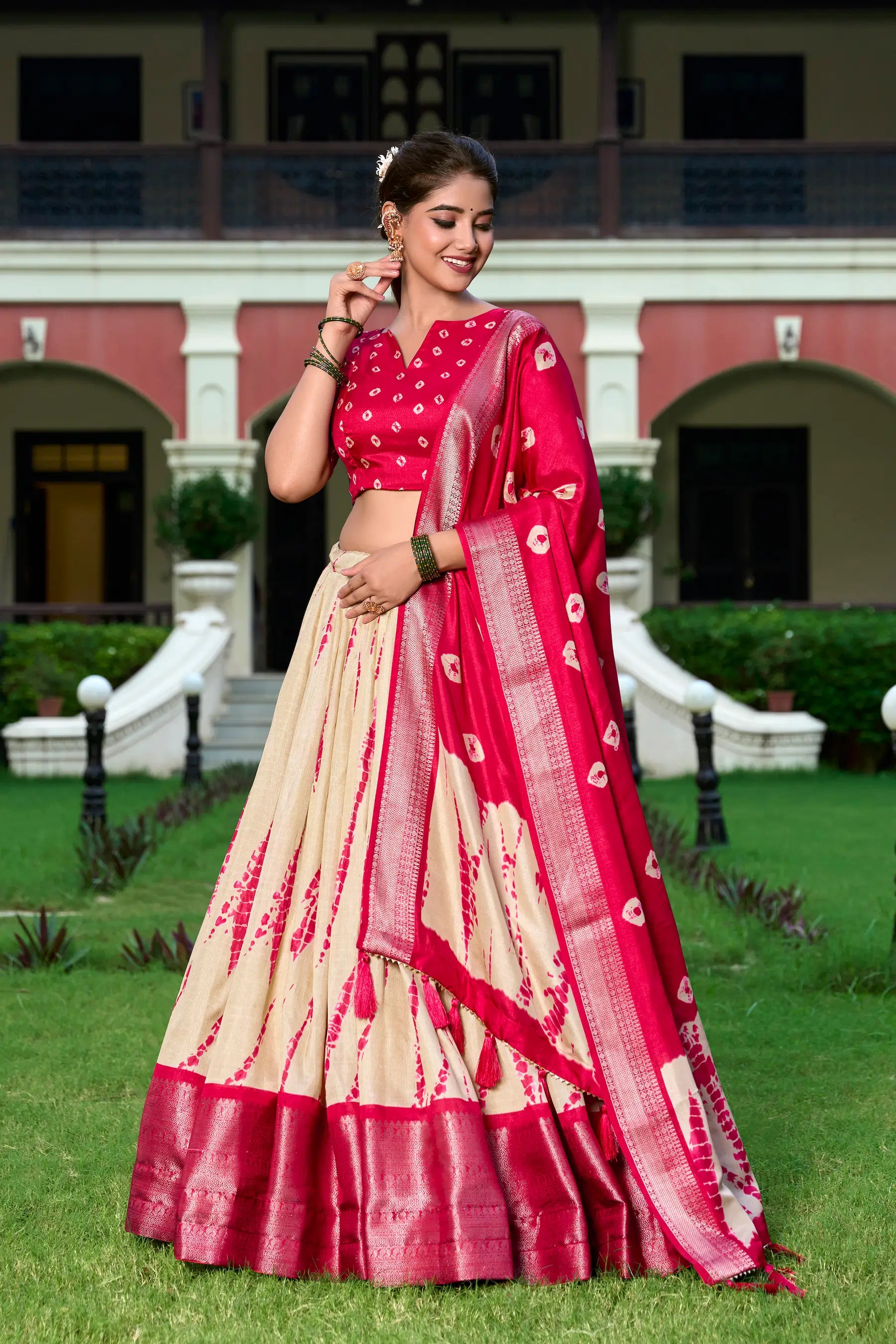 Red & Beige Dola Silk Lehenga Choli With Shibori Print & Zari Weaving Border | Ready To Wear - qivii