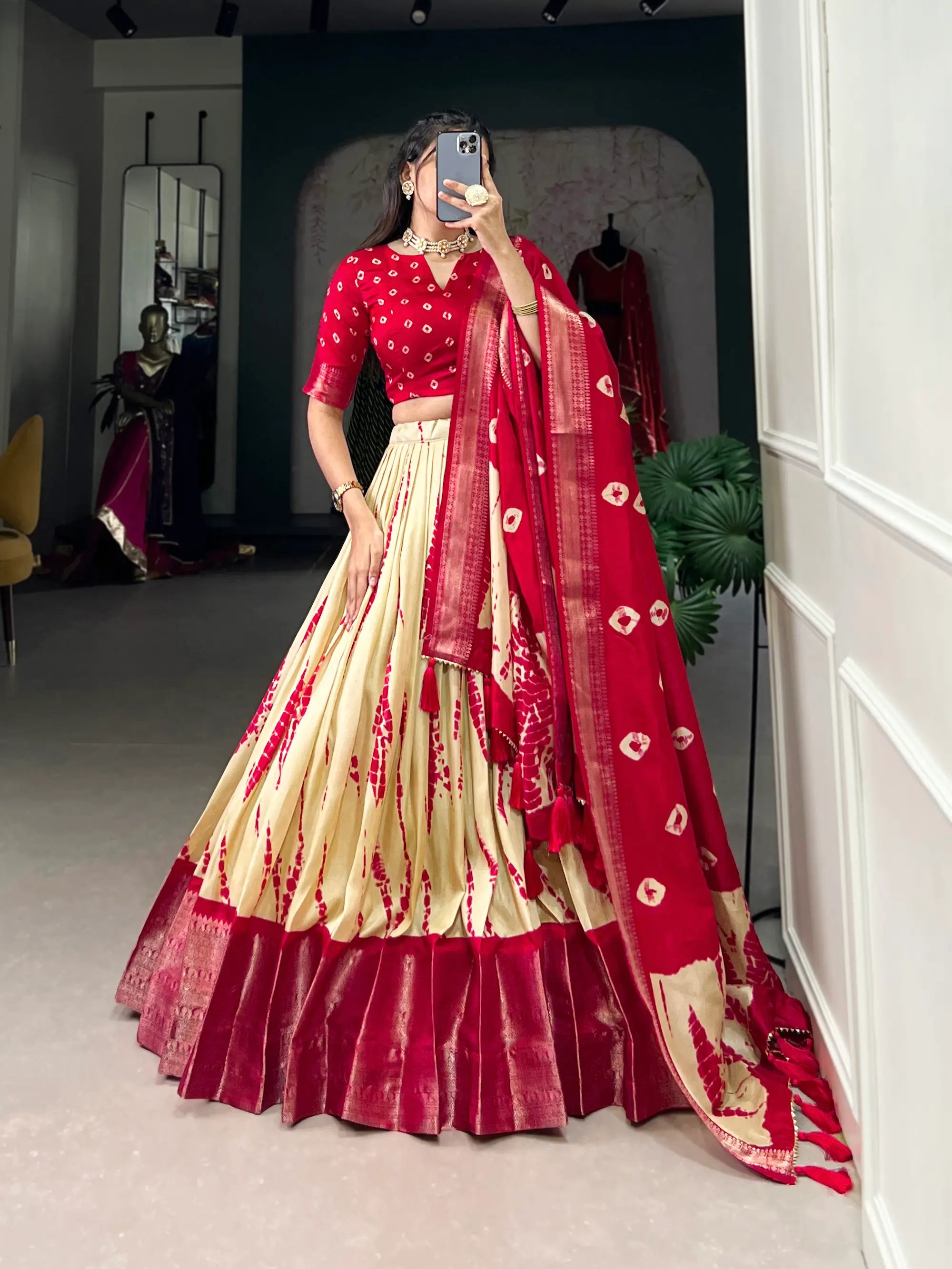 Red & Beige Dola Silk Lehenga Choli With Shibori Print & Zari Weaving Border | Ready To Wear - qivii